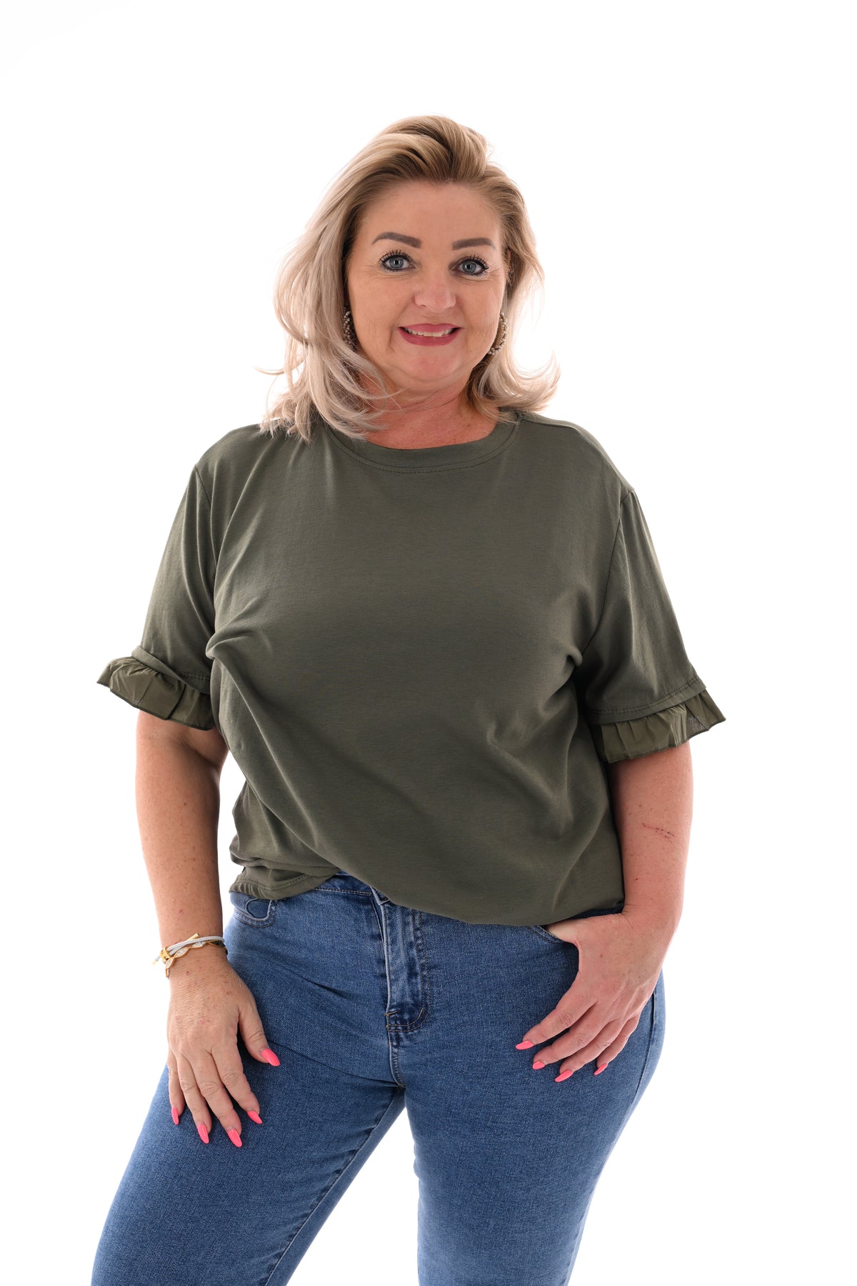 T-shirt roezelmouwen uni legergroen