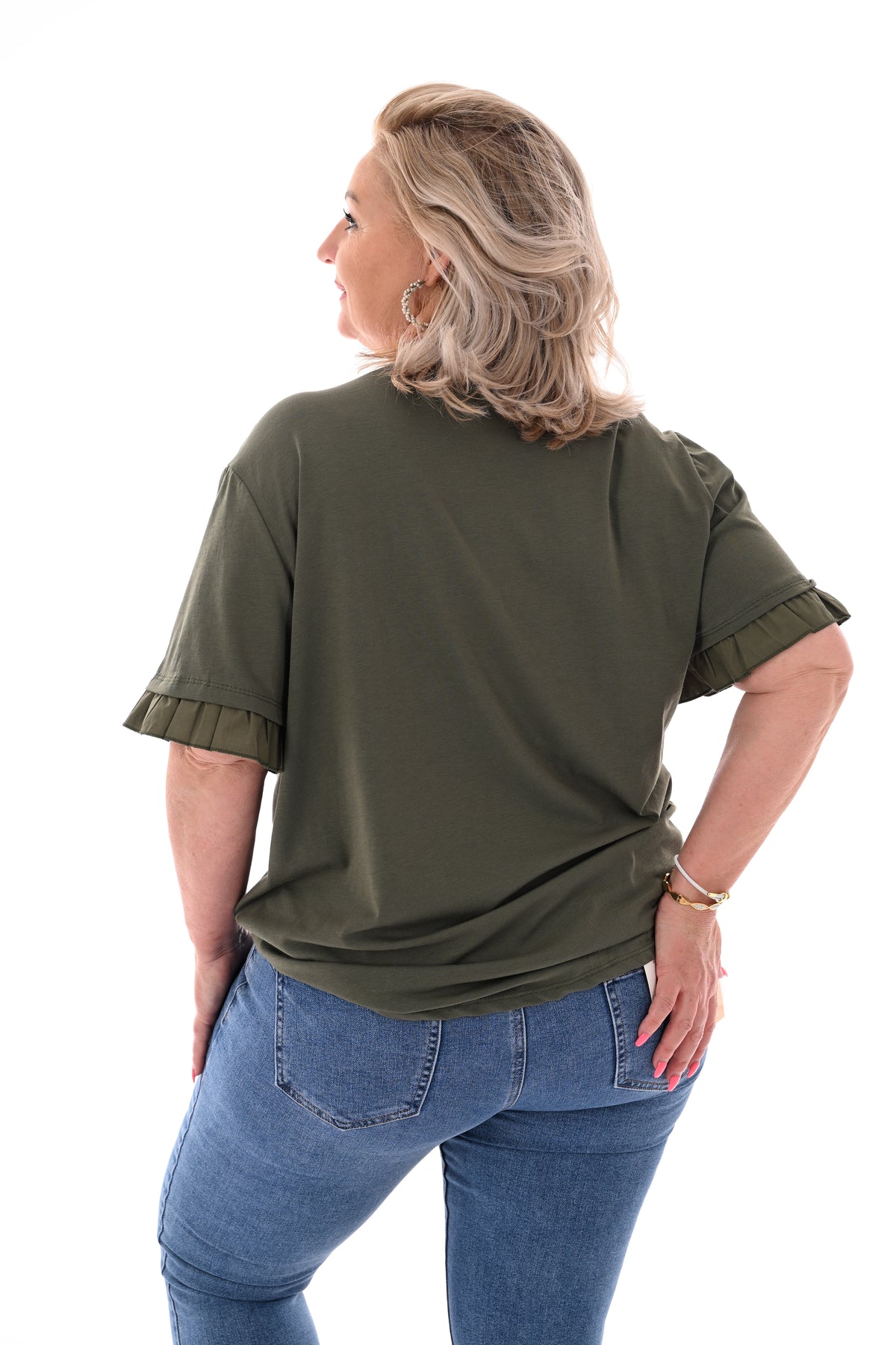 T-shirt roezelmouwen uni legergroen