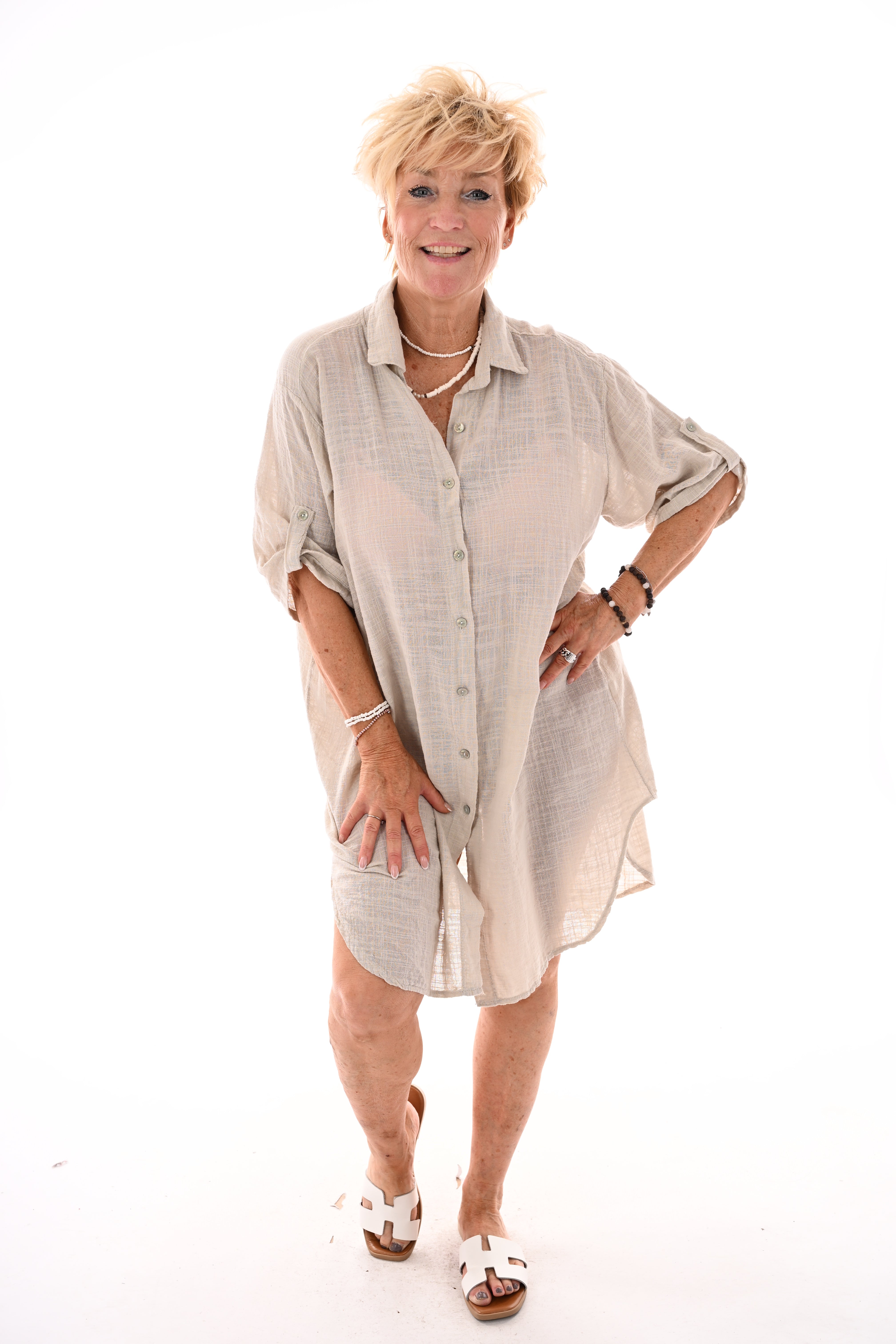 Lange blouse ophaalmouwen uni beige