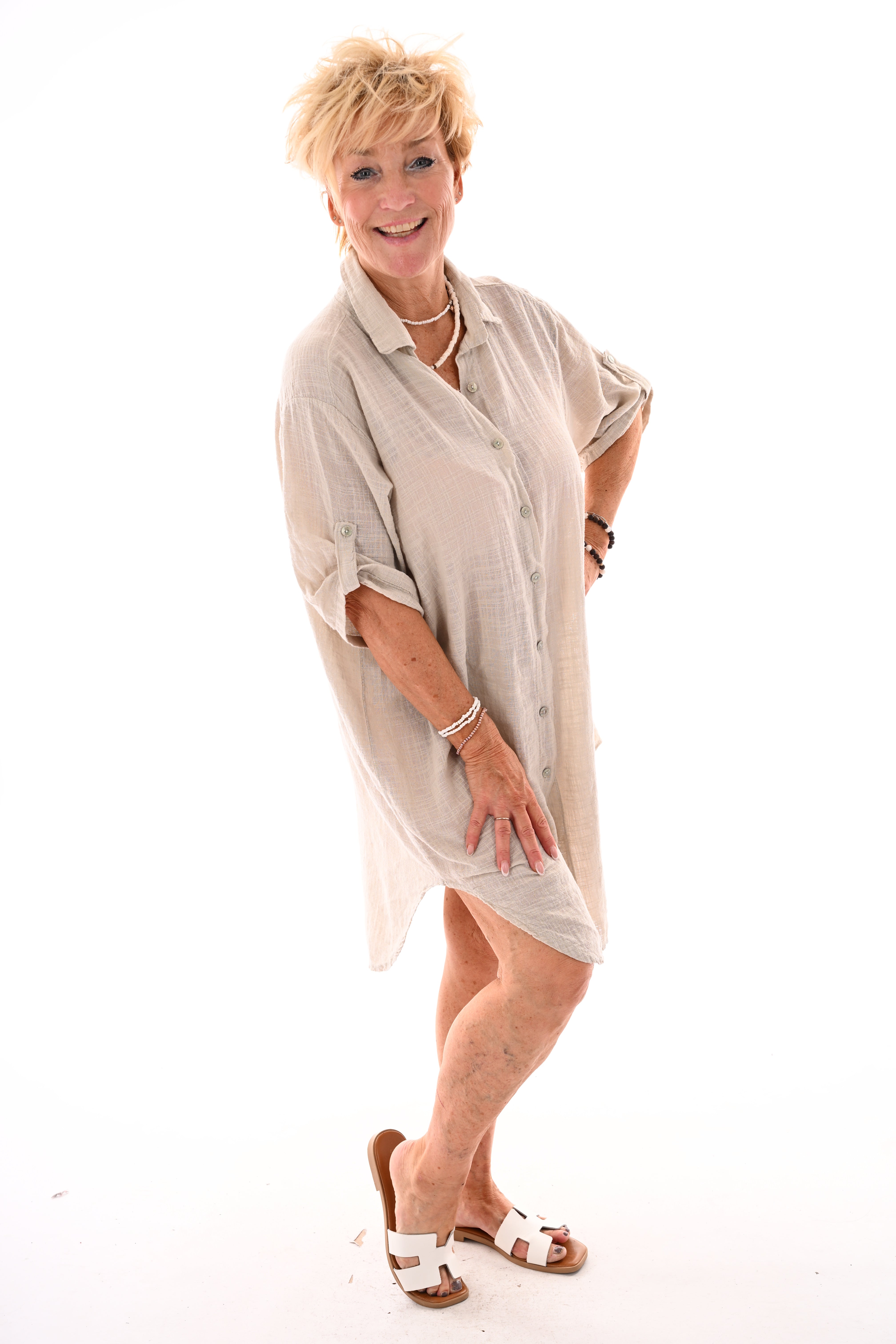 Lange blouse ophaalmouwen uni beige