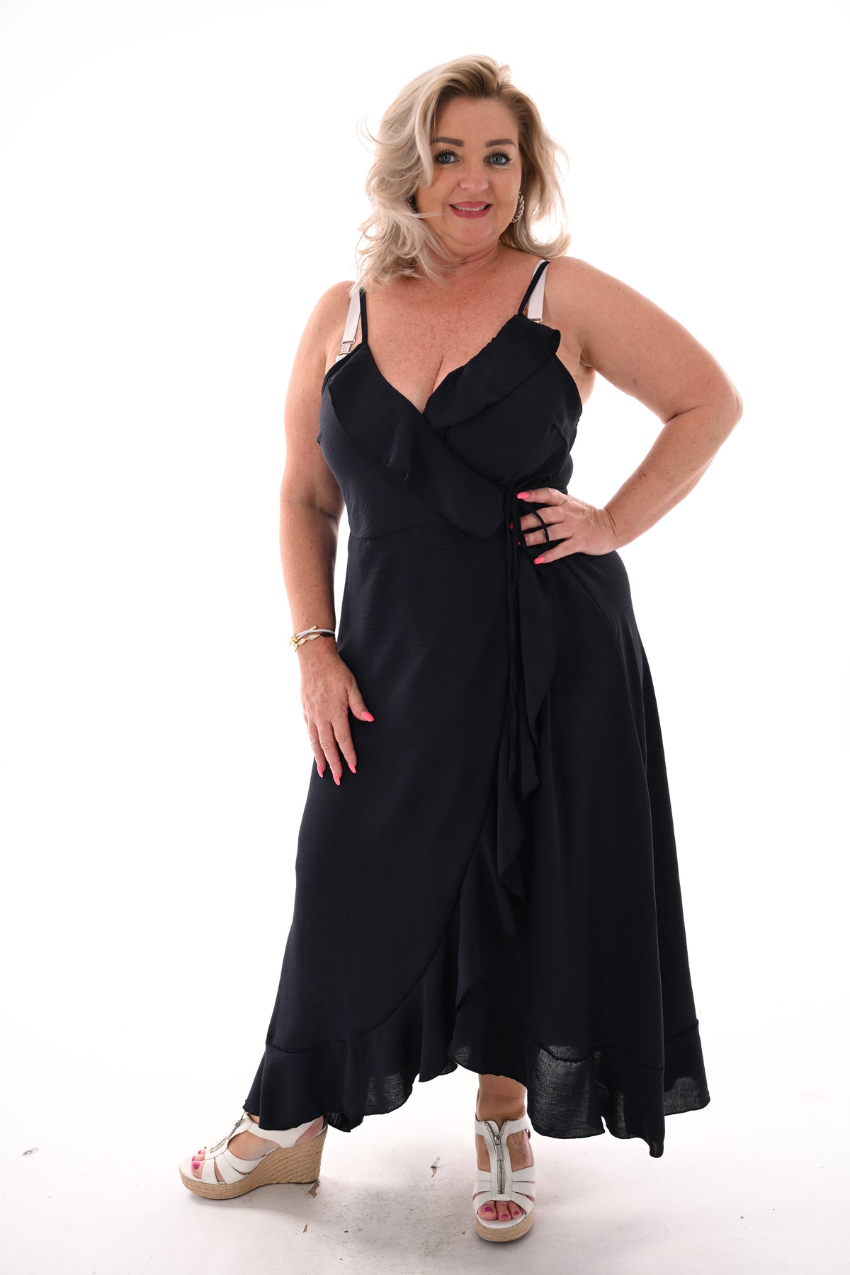 Maxi jurk overslag roezel smalle bandjes uni marineblauw
