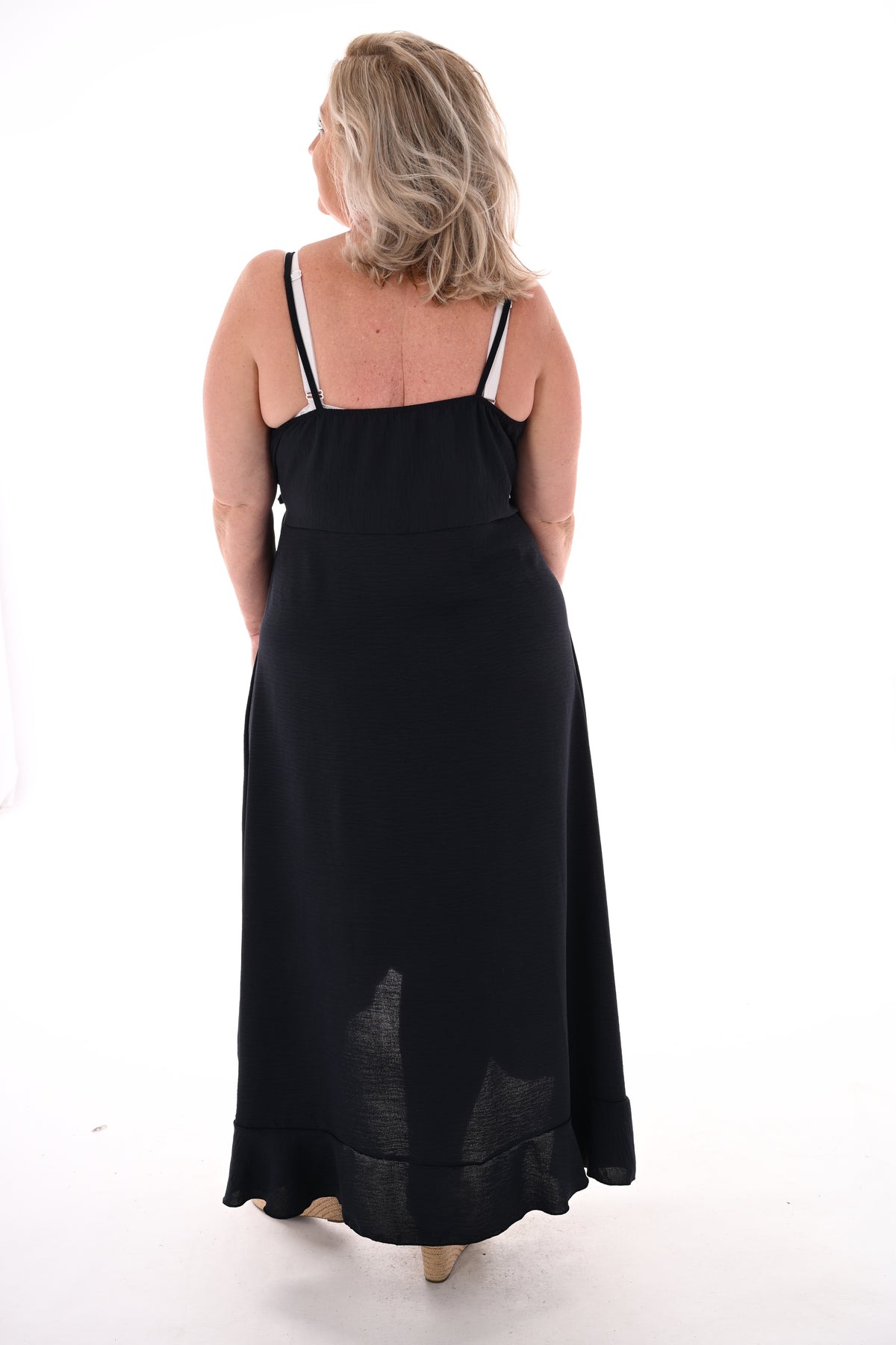 Maxi jurk overslag roezel smalle bandjes uni marineblauw