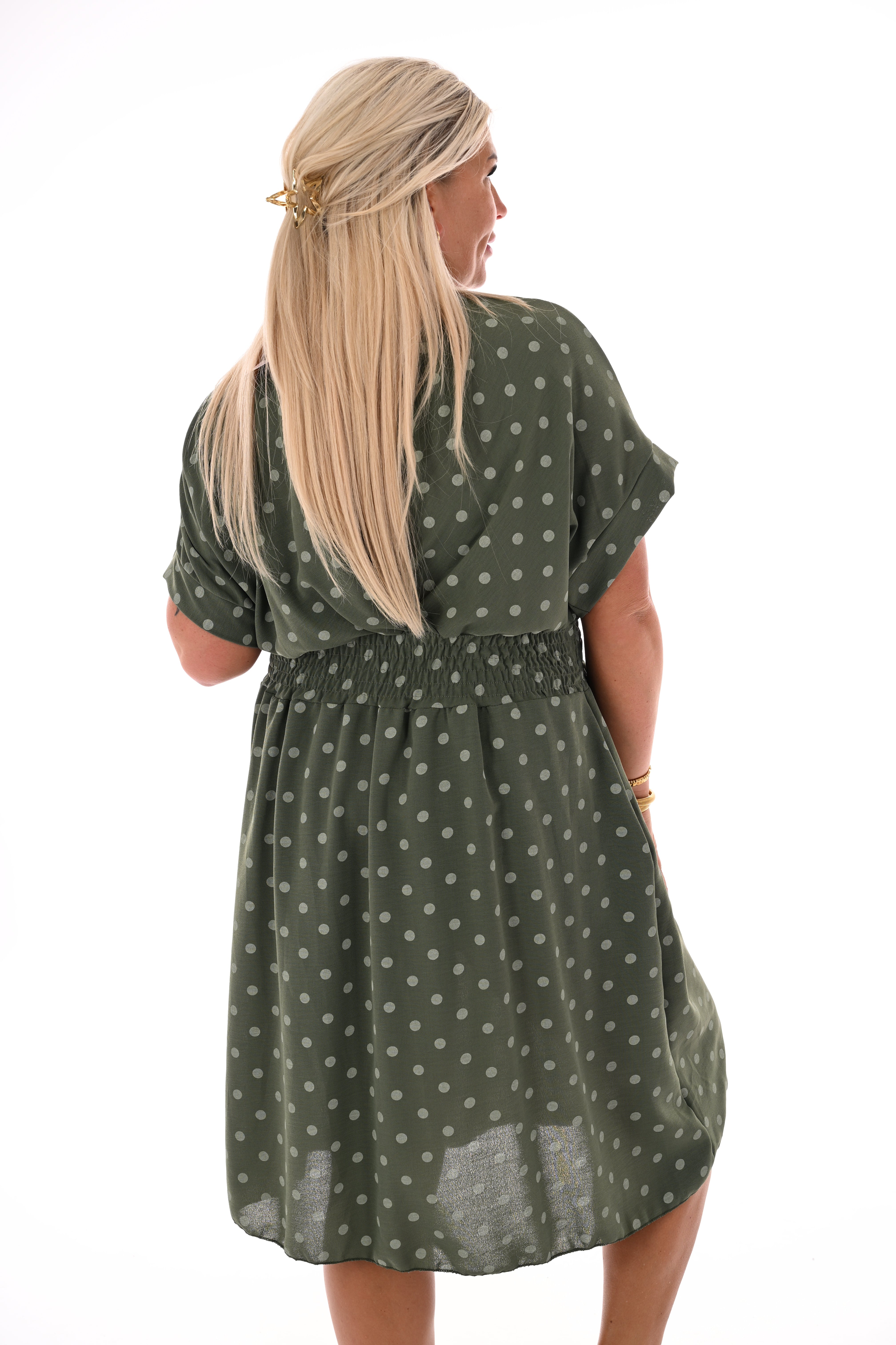 Jurk dots met v-hals legergroen