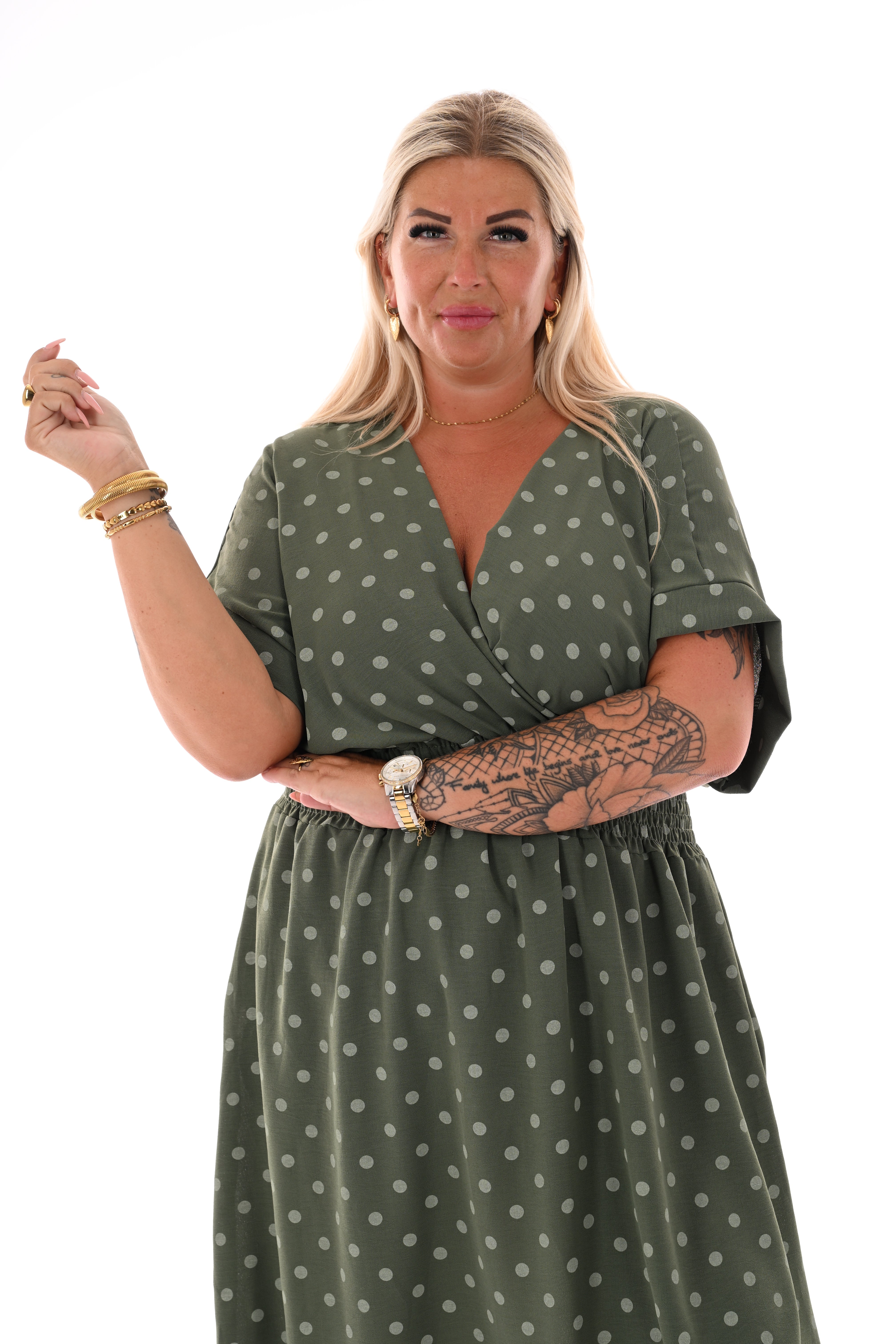 Jurk dots met v-hals legergroen