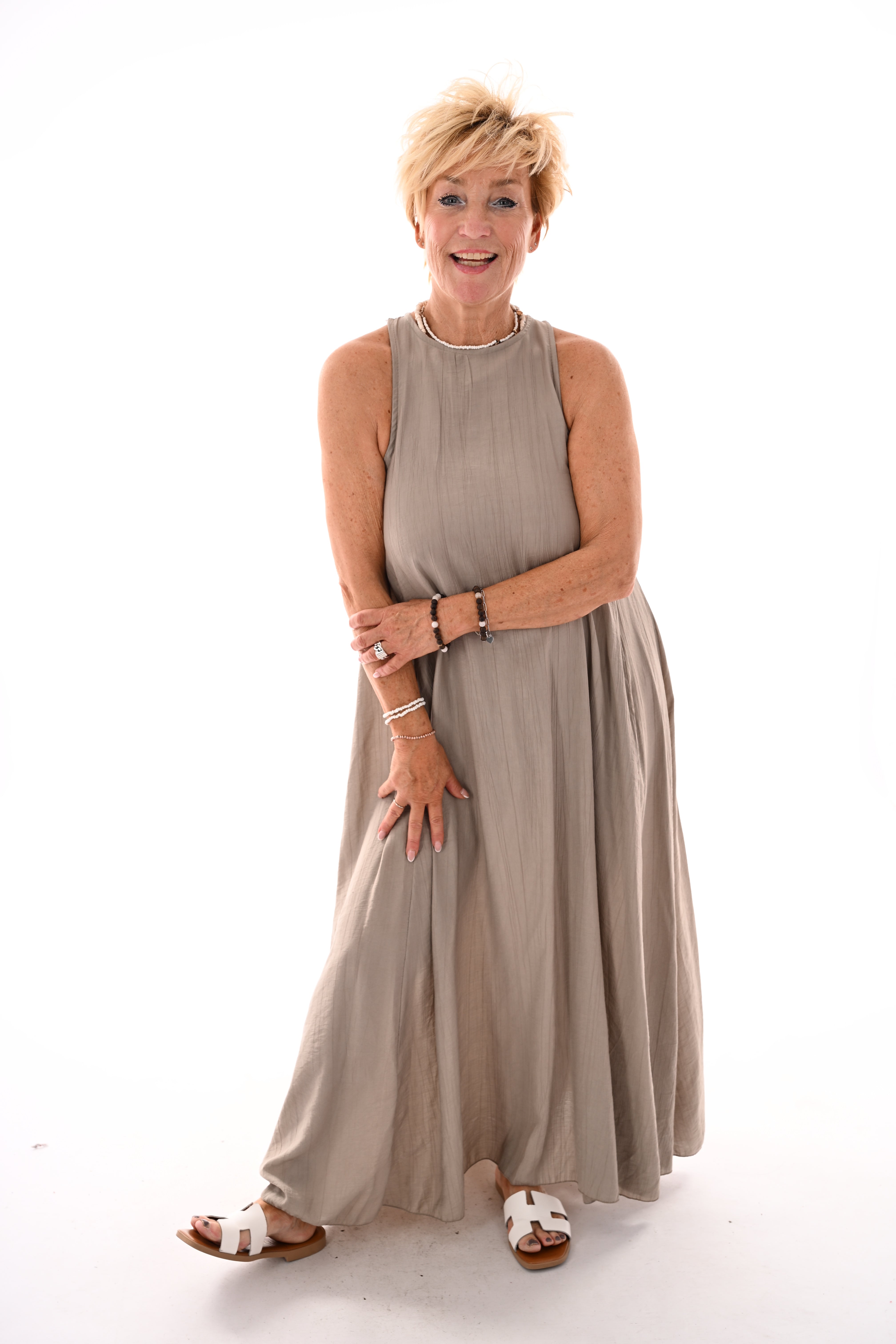 Lange jurk open rug uni taupe