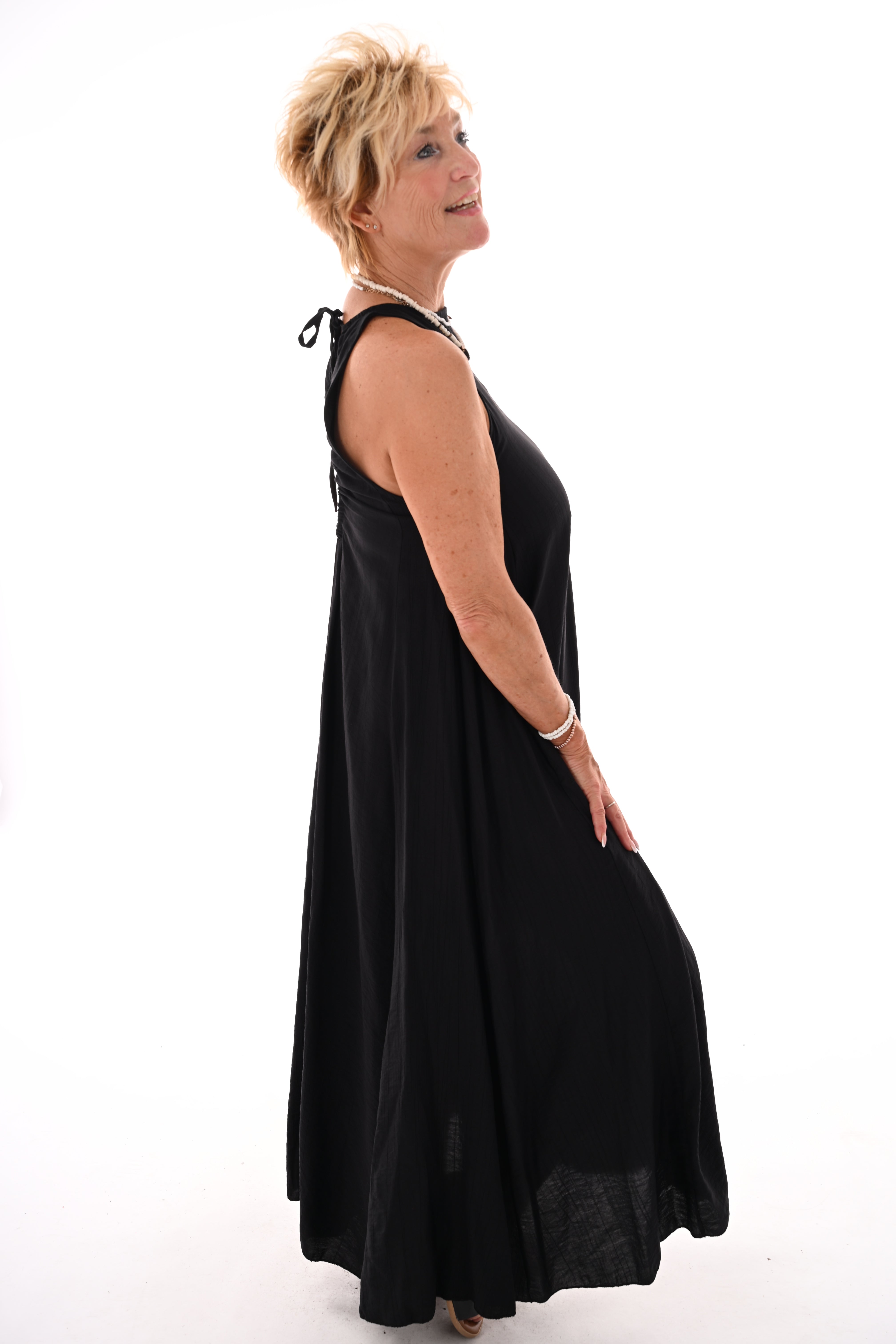 Lange jurk open rug uni zwart
