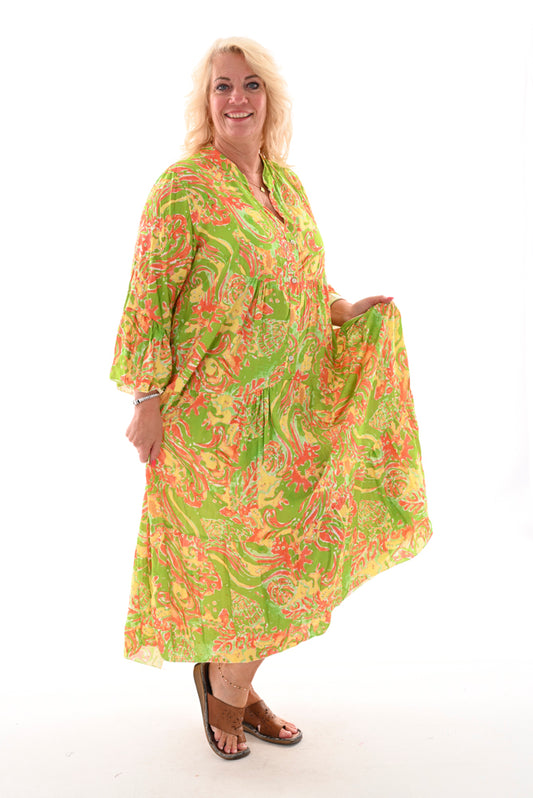 Maxi jurk met stroken inkt patroon lime/oranje