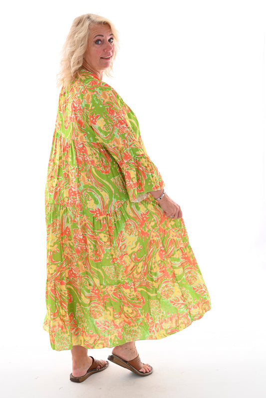 Maxi jurk met stroken inkt patroon lime/oranje