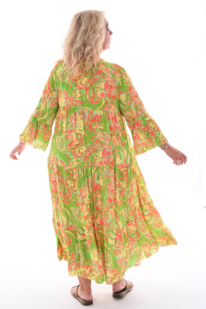 Maxi jurk met stroken inkt patroon lime/oranje