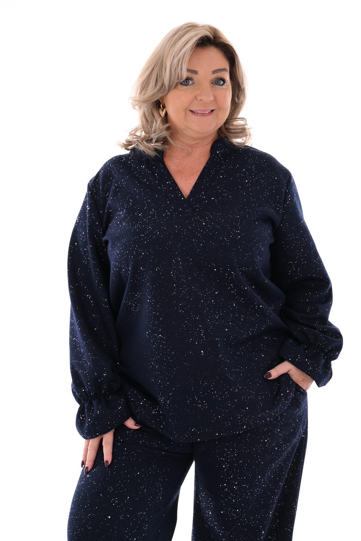 Tweedelig pak glitter flakes roezelmouwen marineblauw