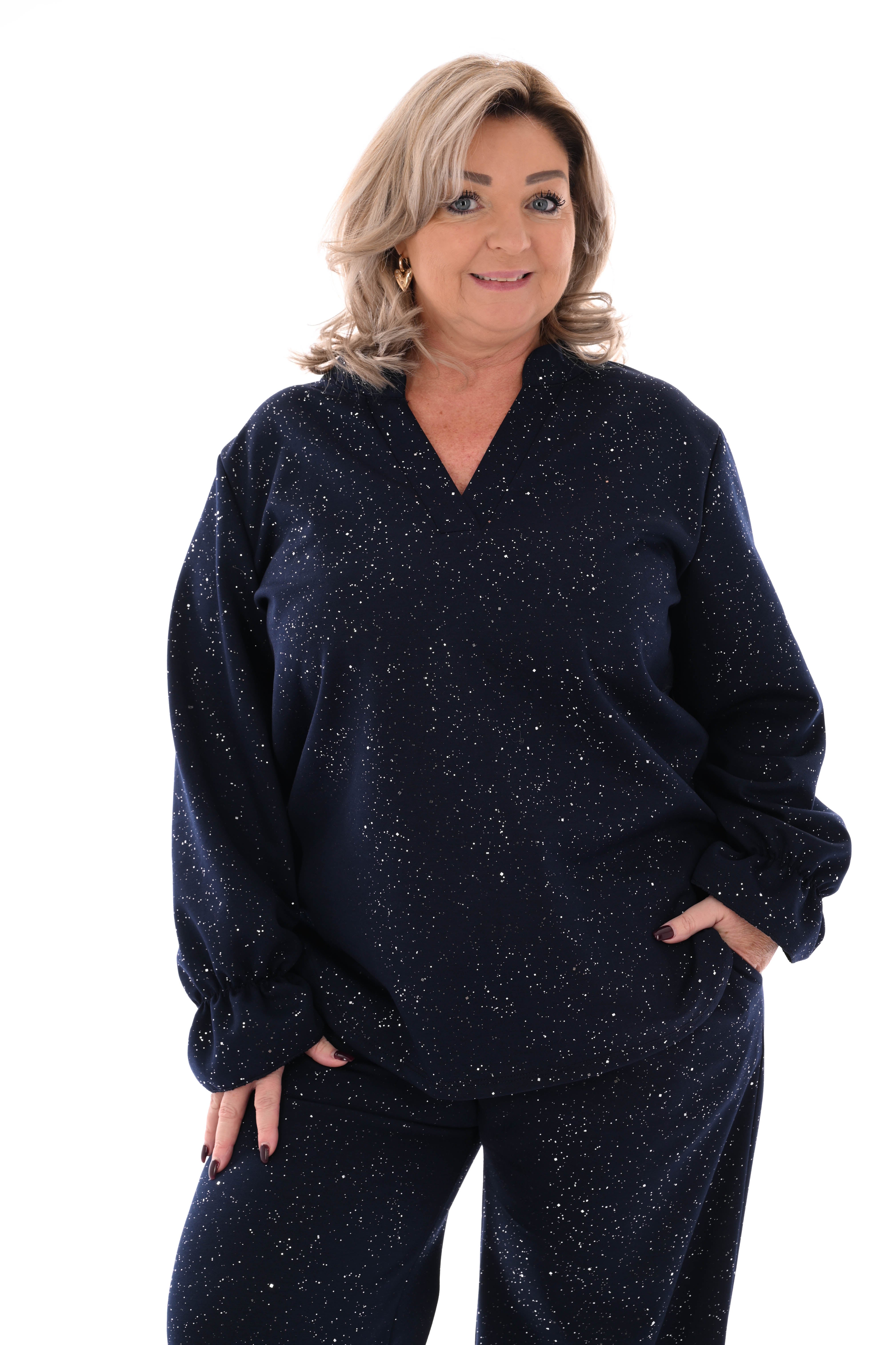 Tweedelig pak glitter flakes roezelmouwen marineblauw