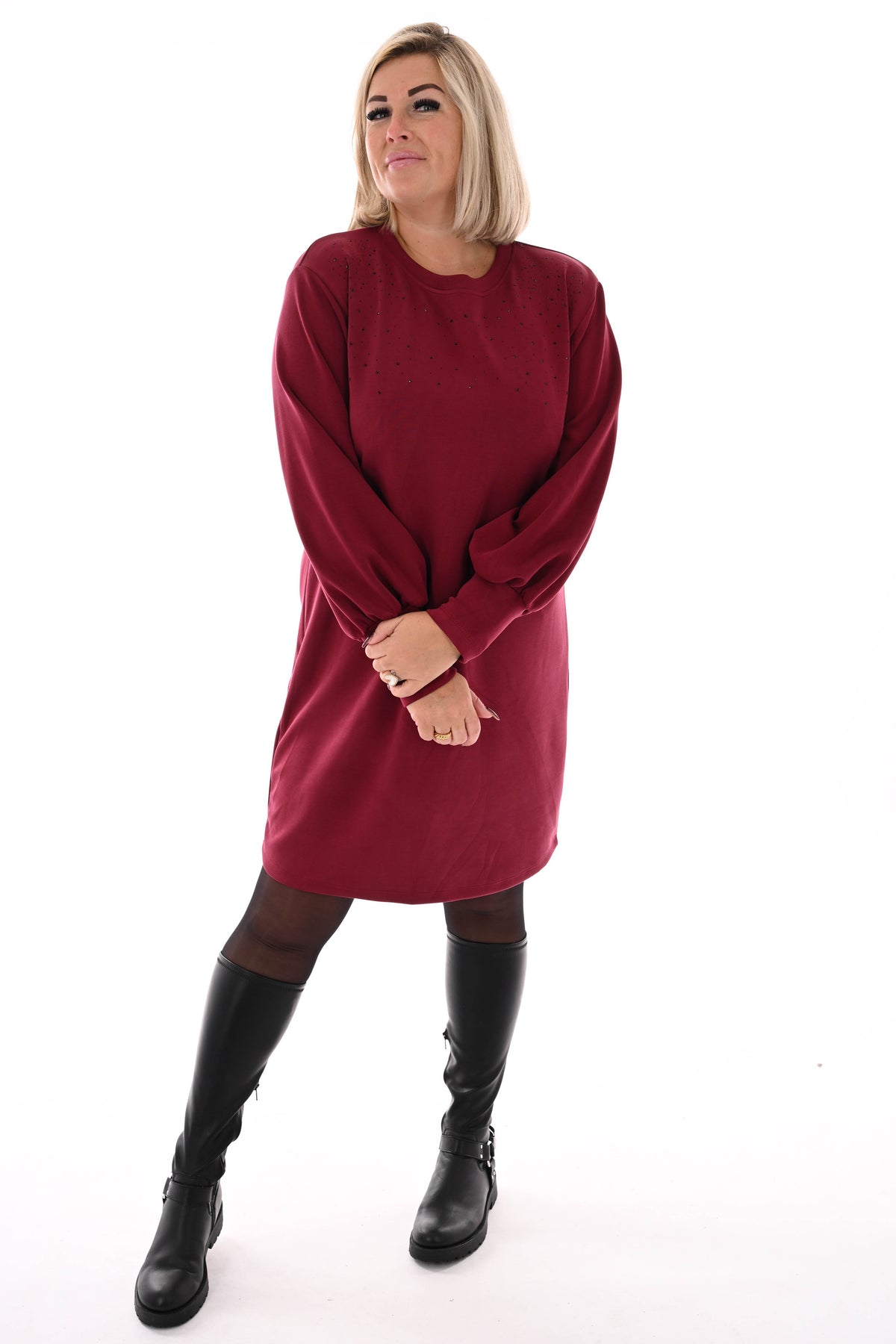 Tuniek met strass pofmouwen bordeaux