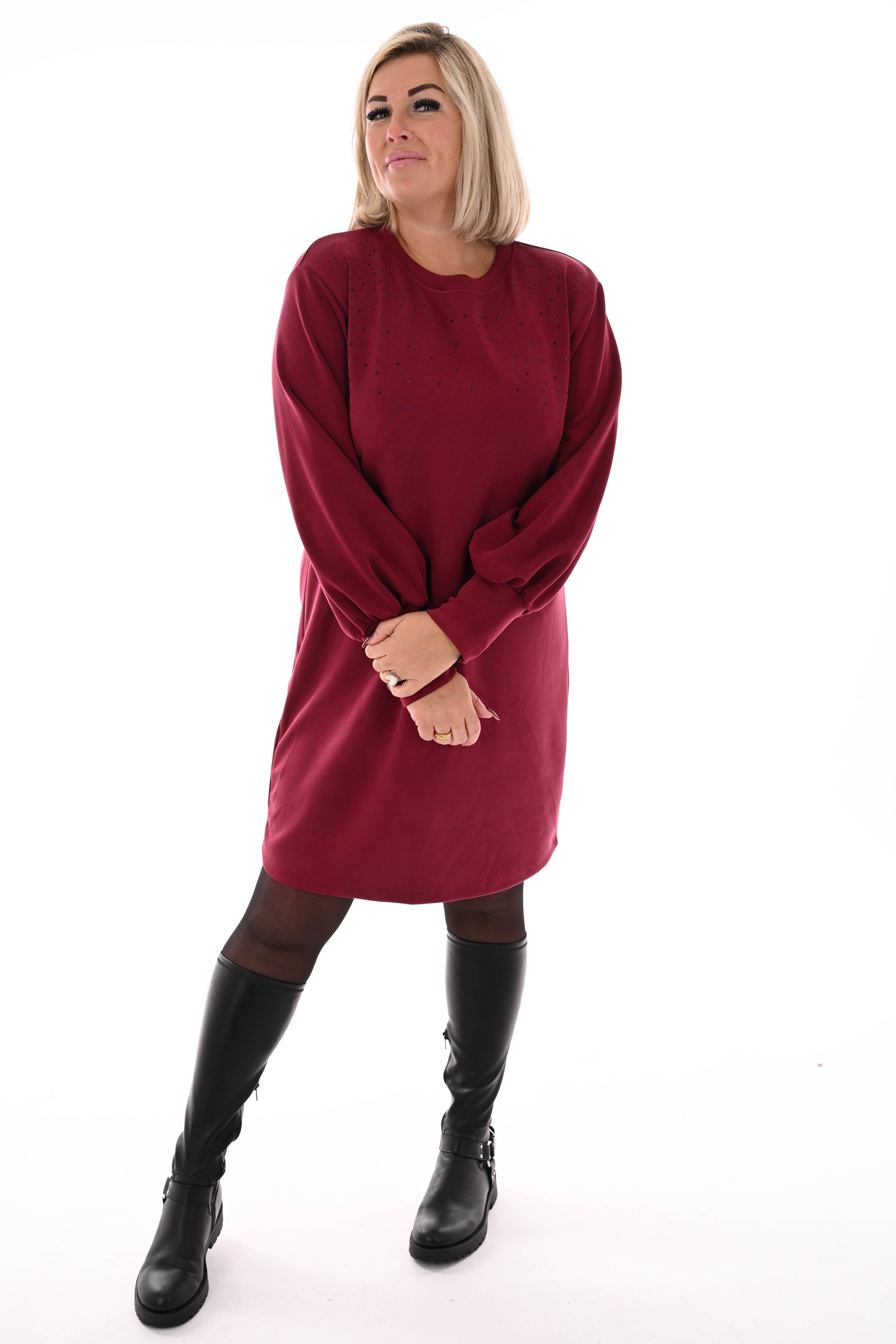 Tuniek met strass pofmouwen bordeaux
