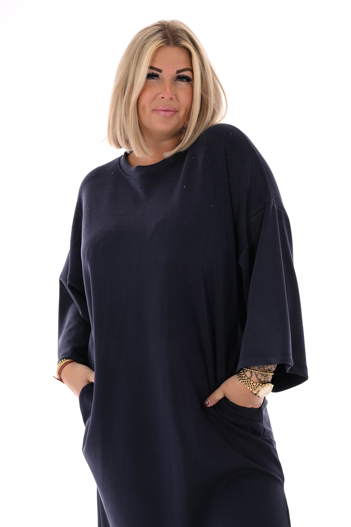 Tuniek met strass wijde mouwen marineblauw
