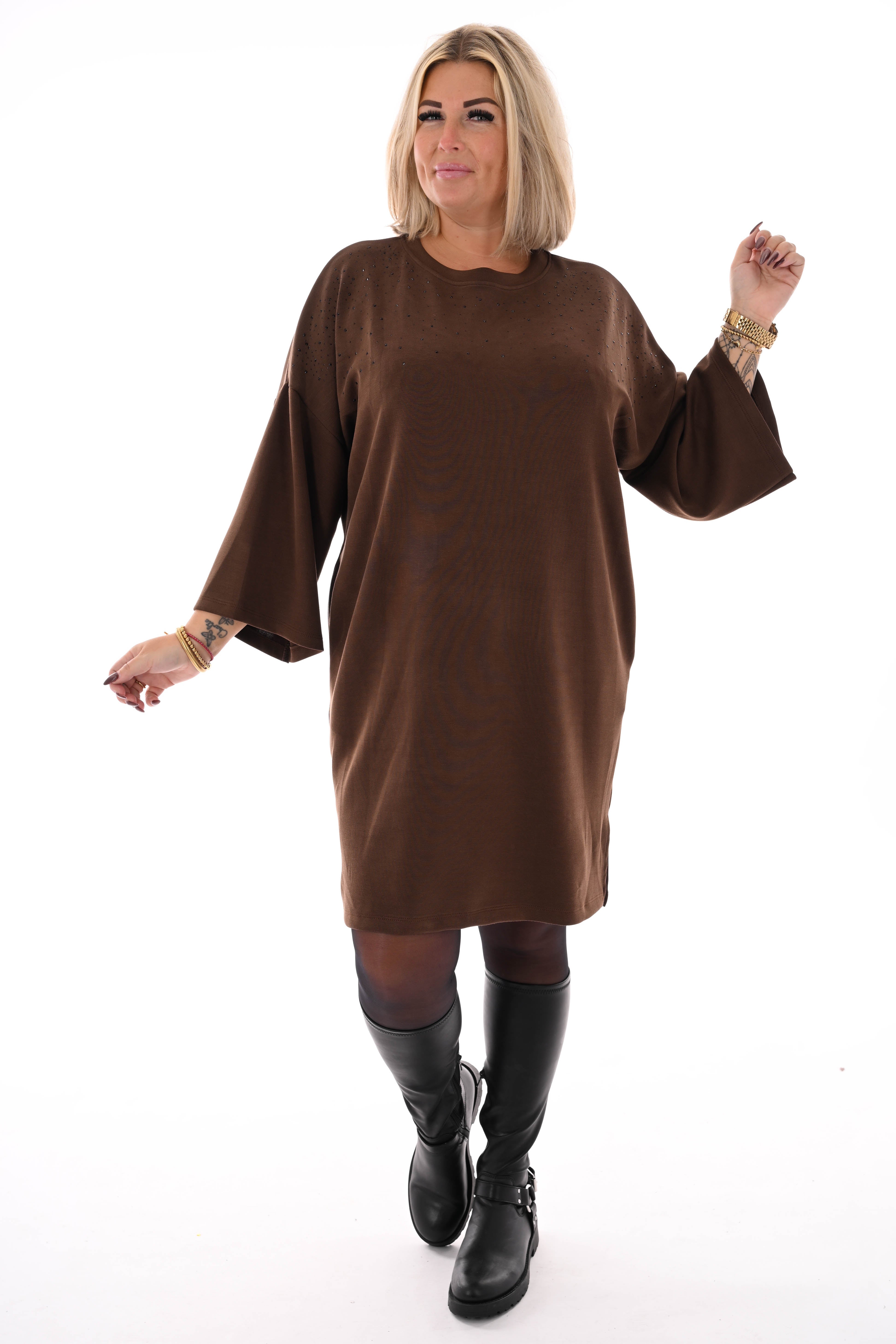 Tuniek met strass wijde mouwen donkerbruin