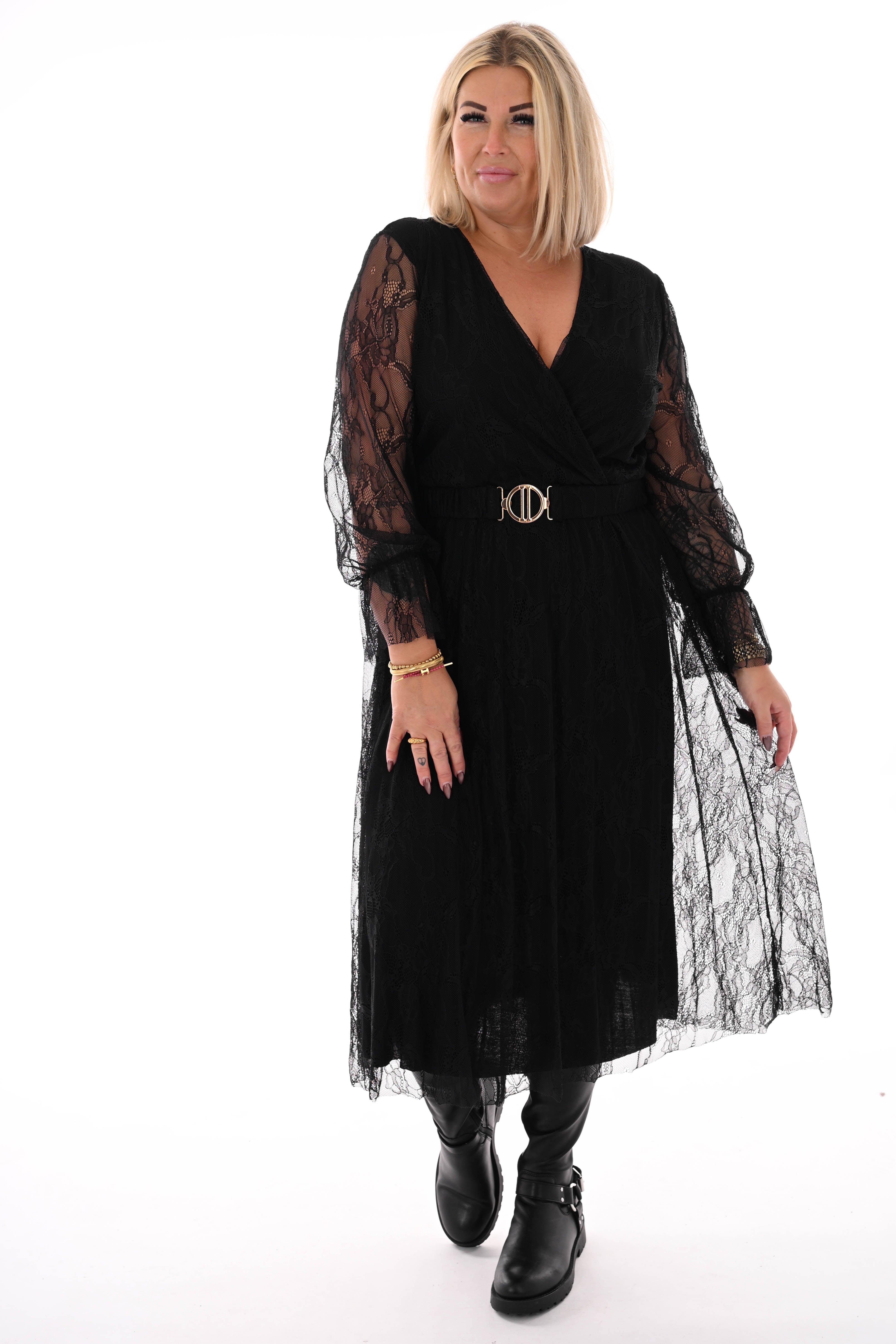 Half lange kanten jurk met riem zwart