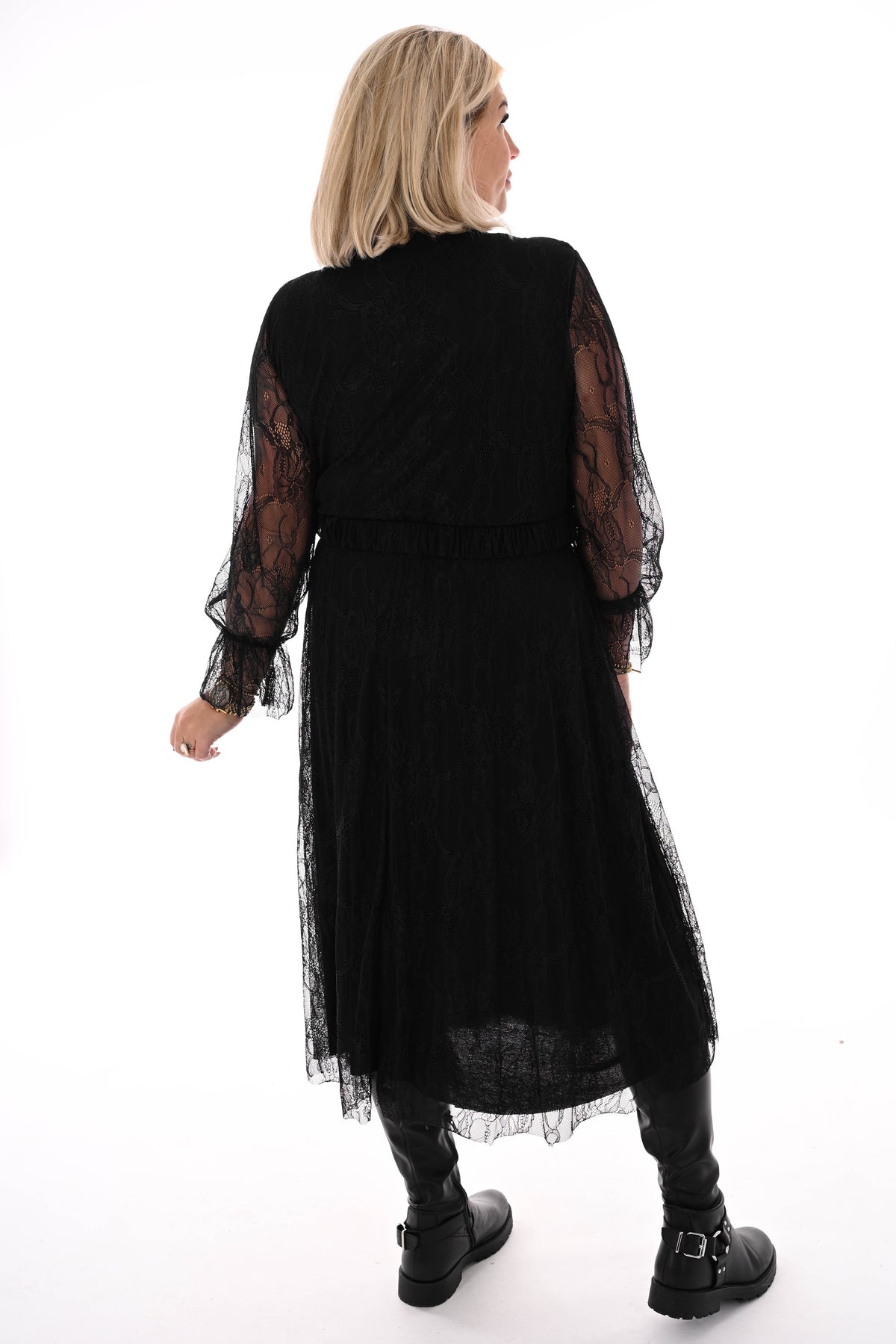 Half lange kanten jurk met riem zwart