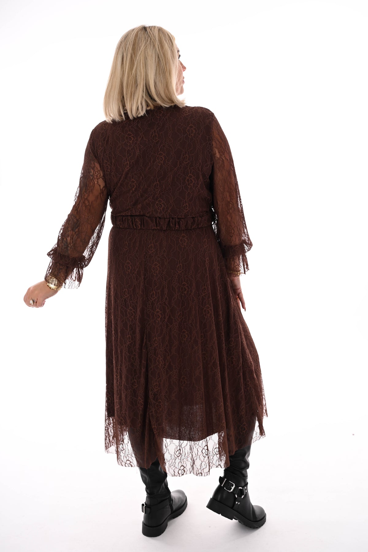Half lange kanten jurk met riem bruin