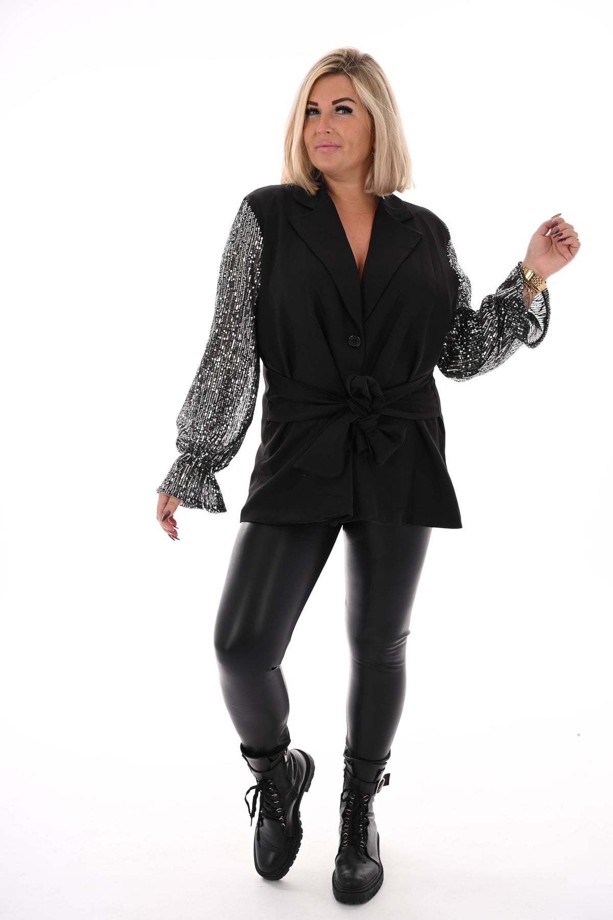 Blazer met strik pailletten mouwen zwart/zilver