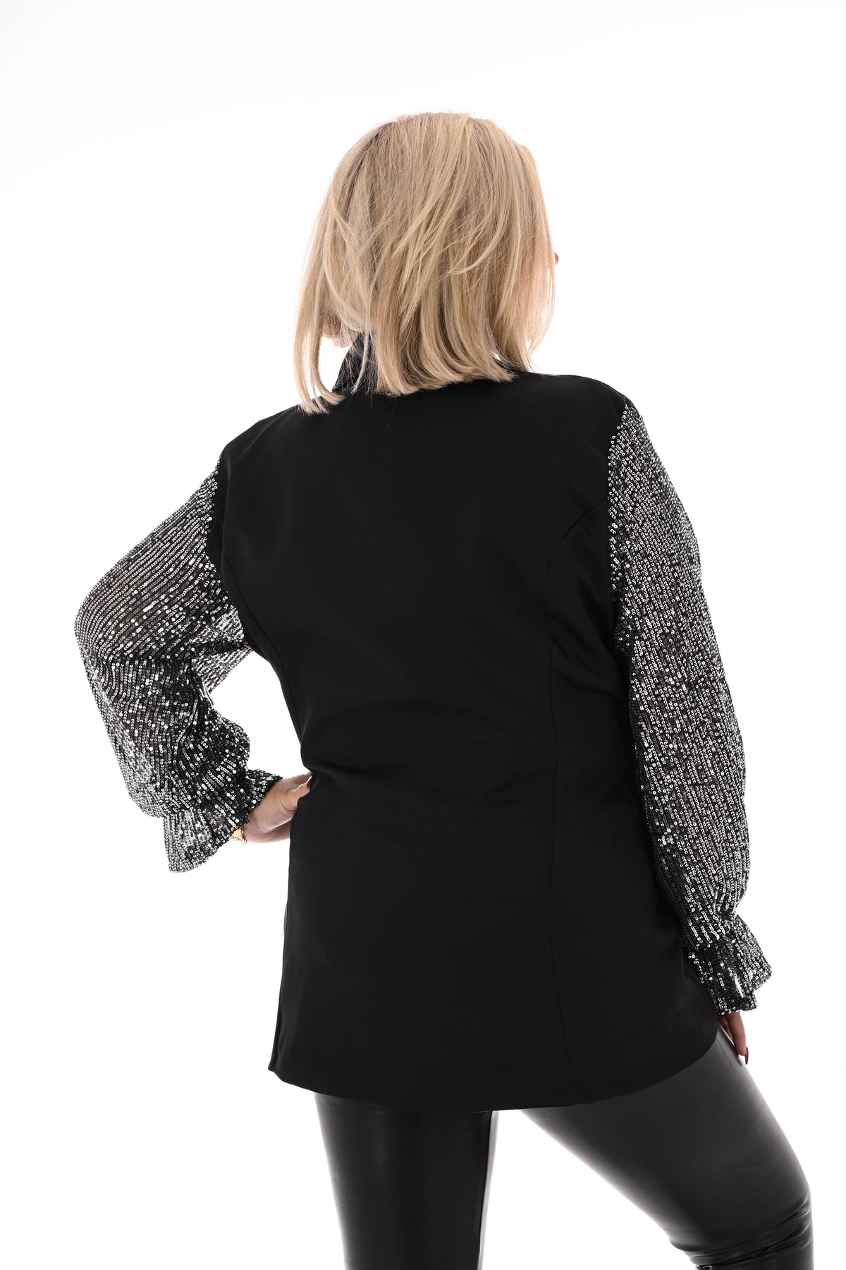 Blazer met strik pailletten mouwen zwart/zilver