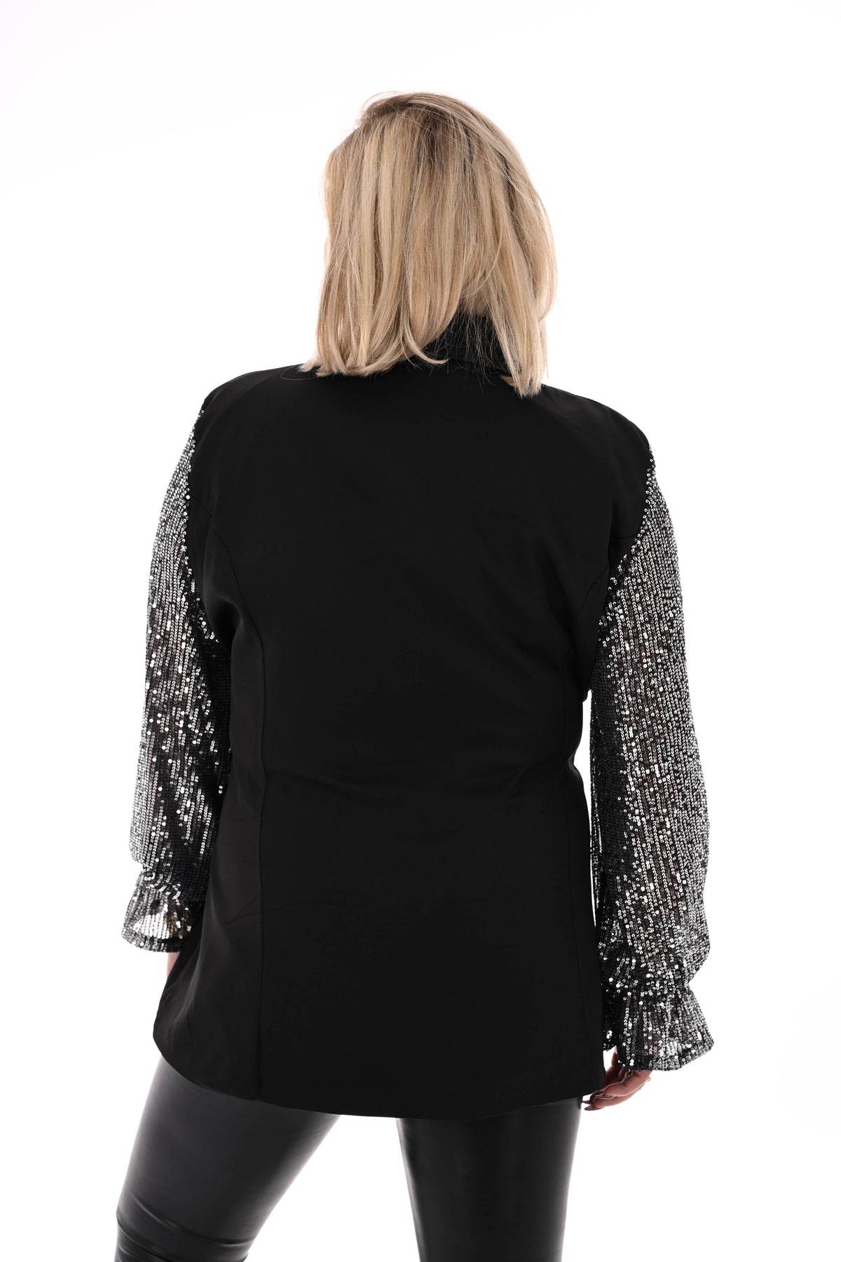 Blazer met strik pailletten mouwen zwart/zilver