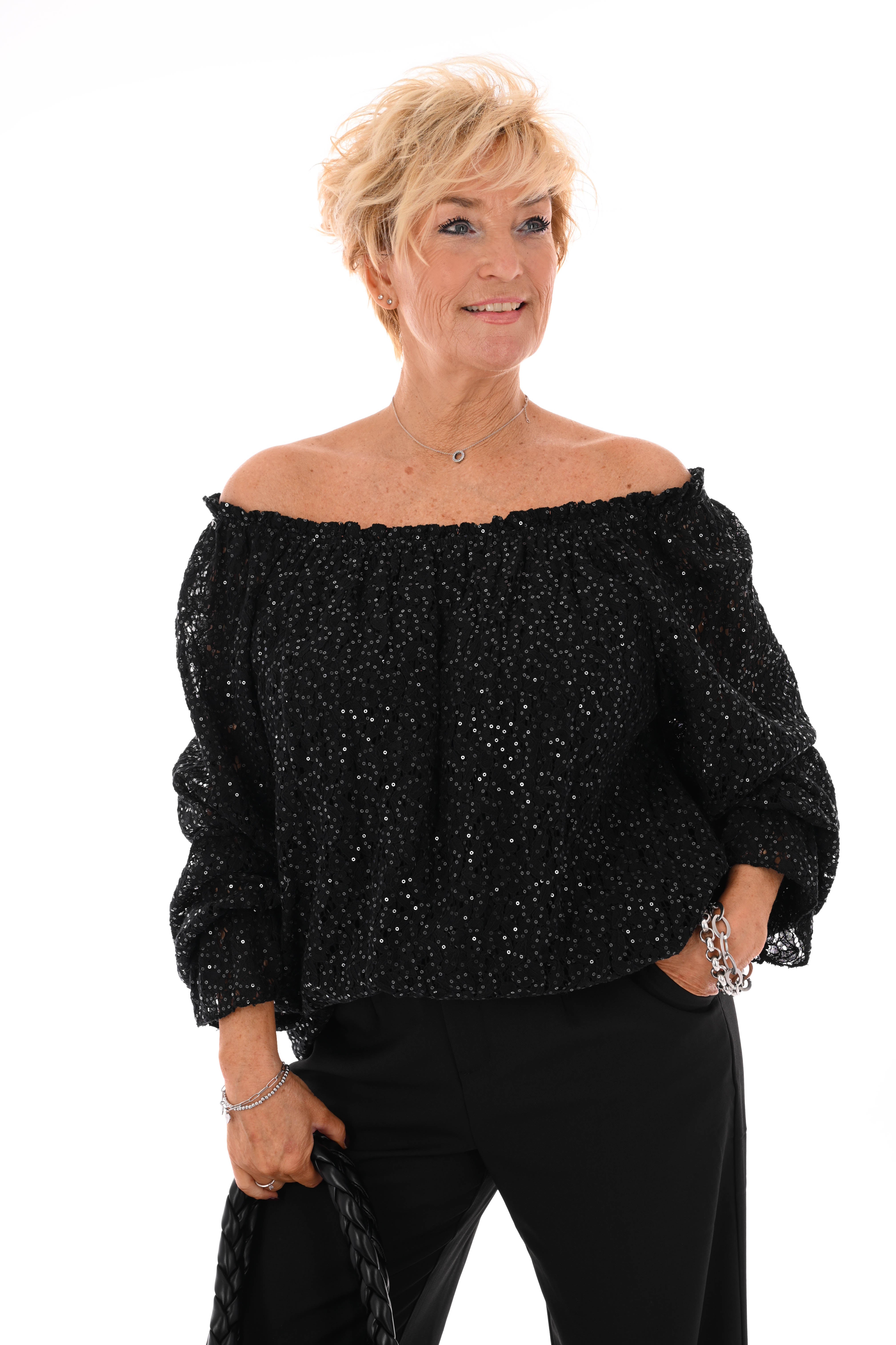 Top kant met pailletten trompetmouwen zwart