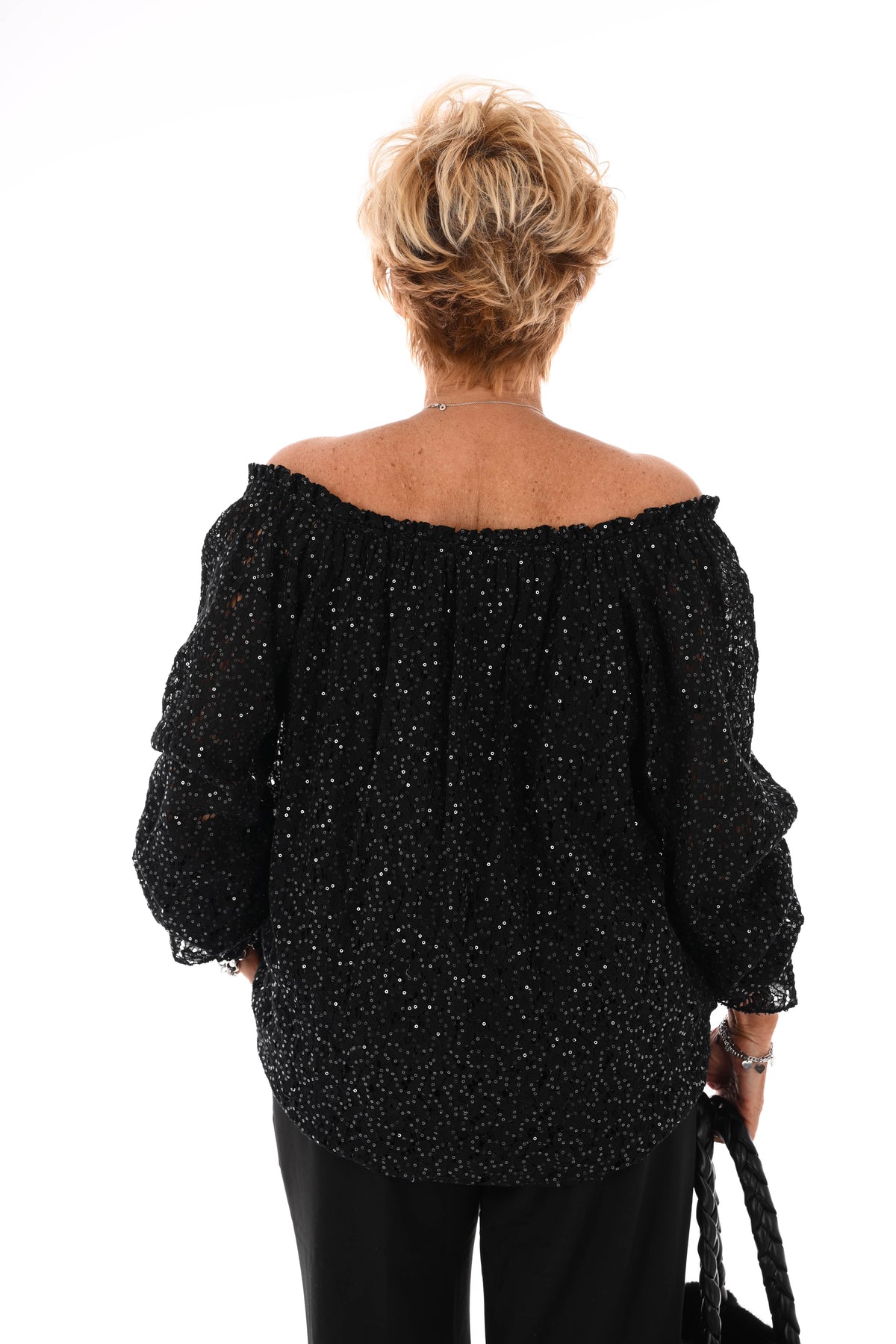 Top kant met pailletten trompetmouwen zwart