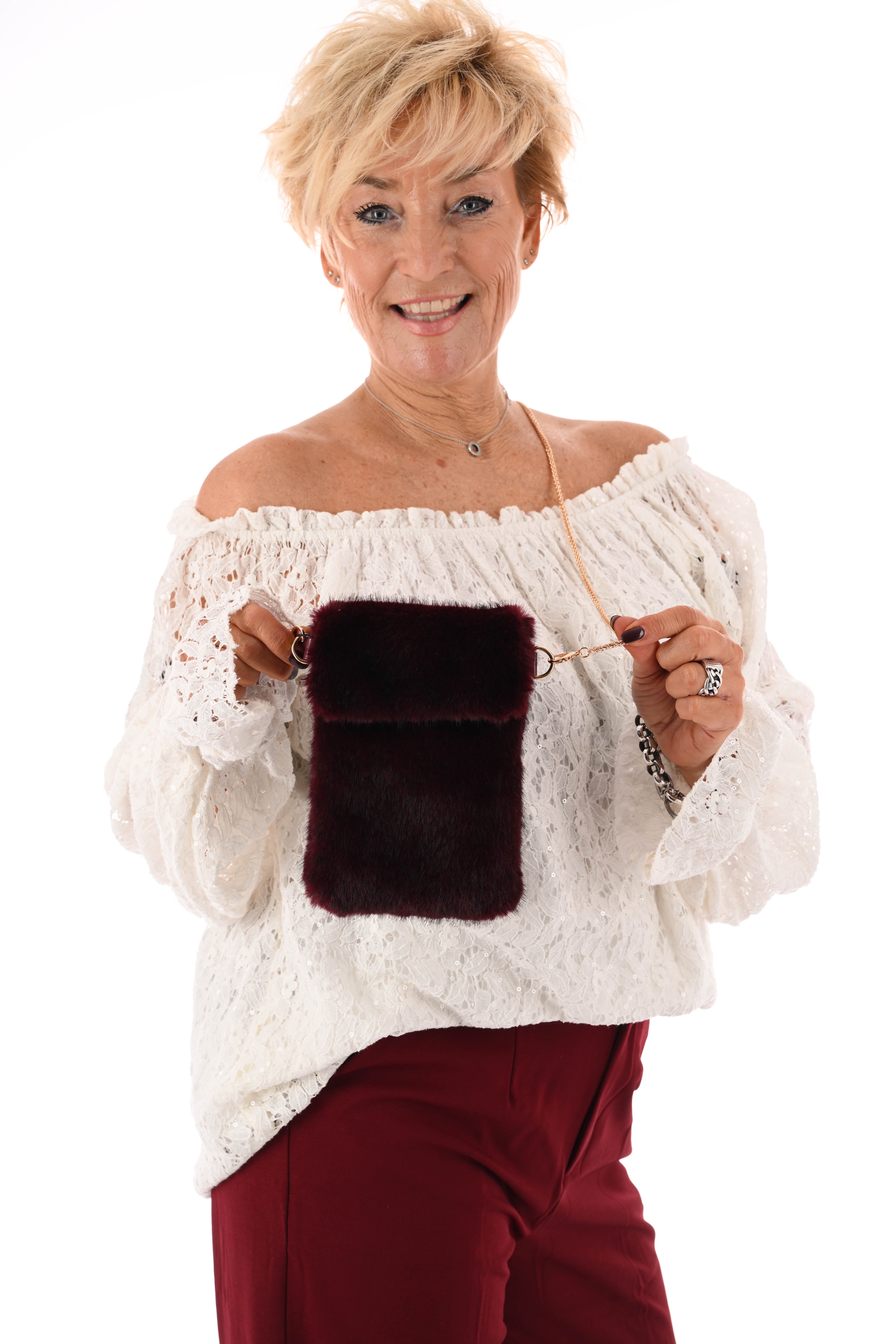 Crossbody faux fur vierkant telefoon tasje bordeaux