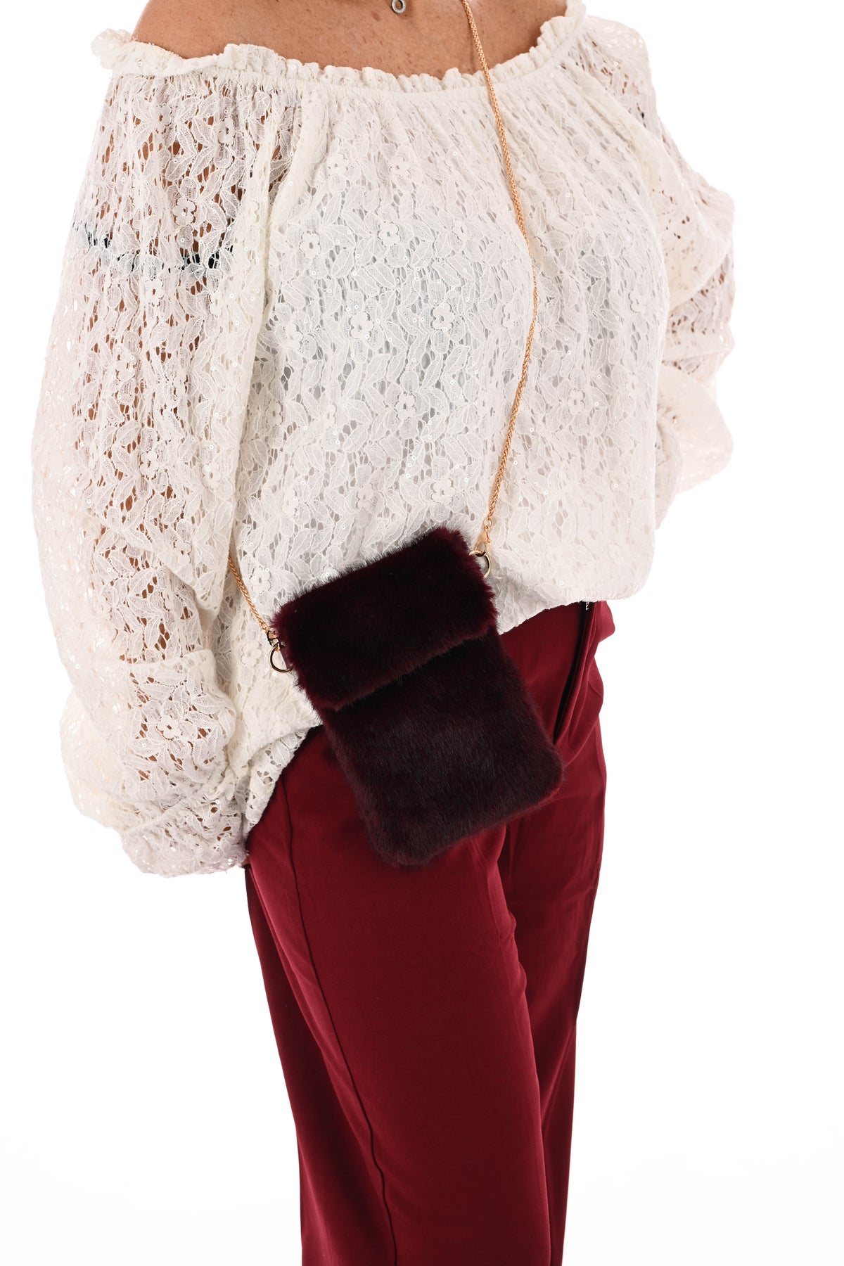 Crossbody faux fur vierkant telefoon tasje bordeaux