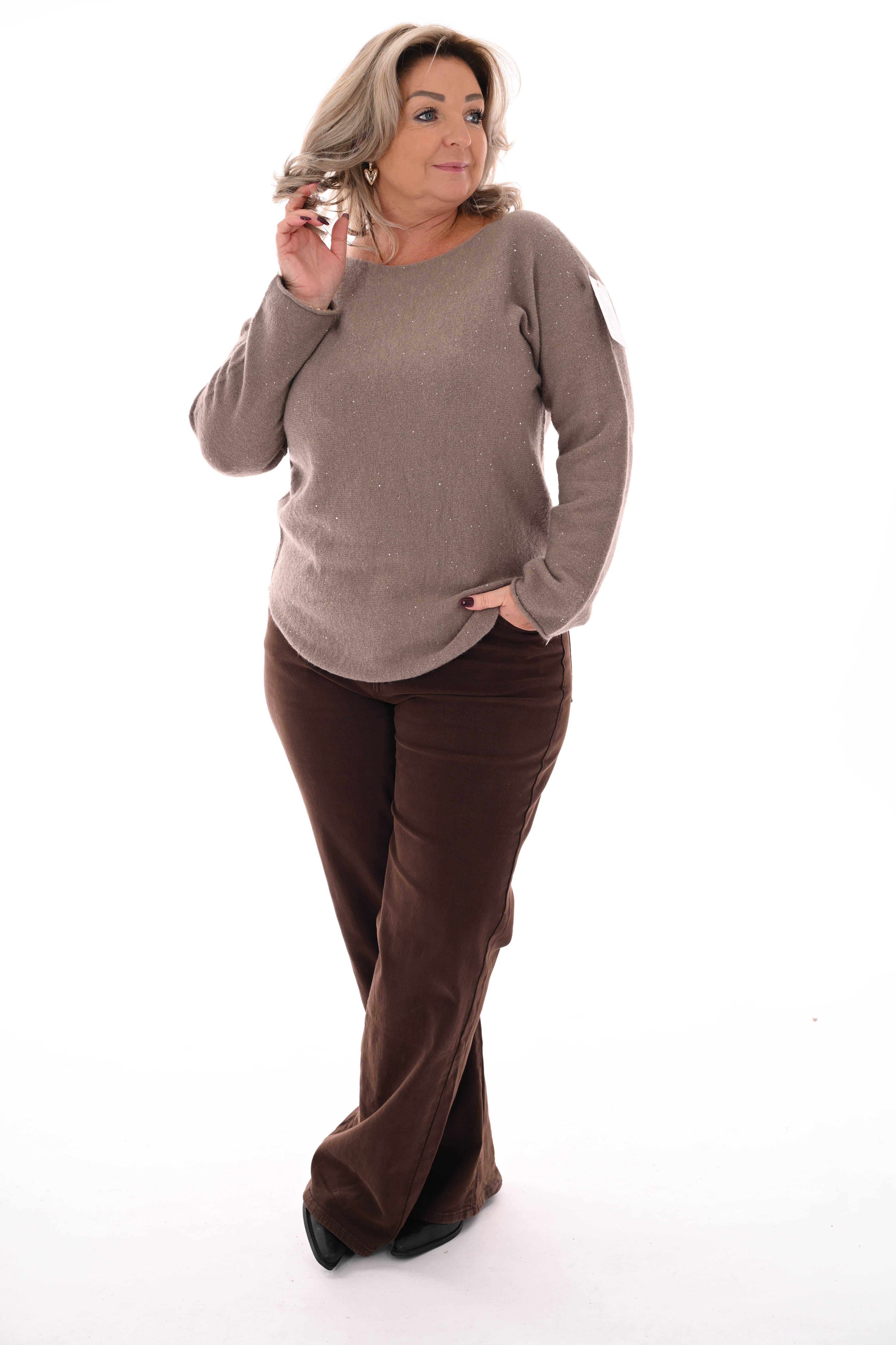 Fijn gebreide trui ronde hals pailletjes taupe