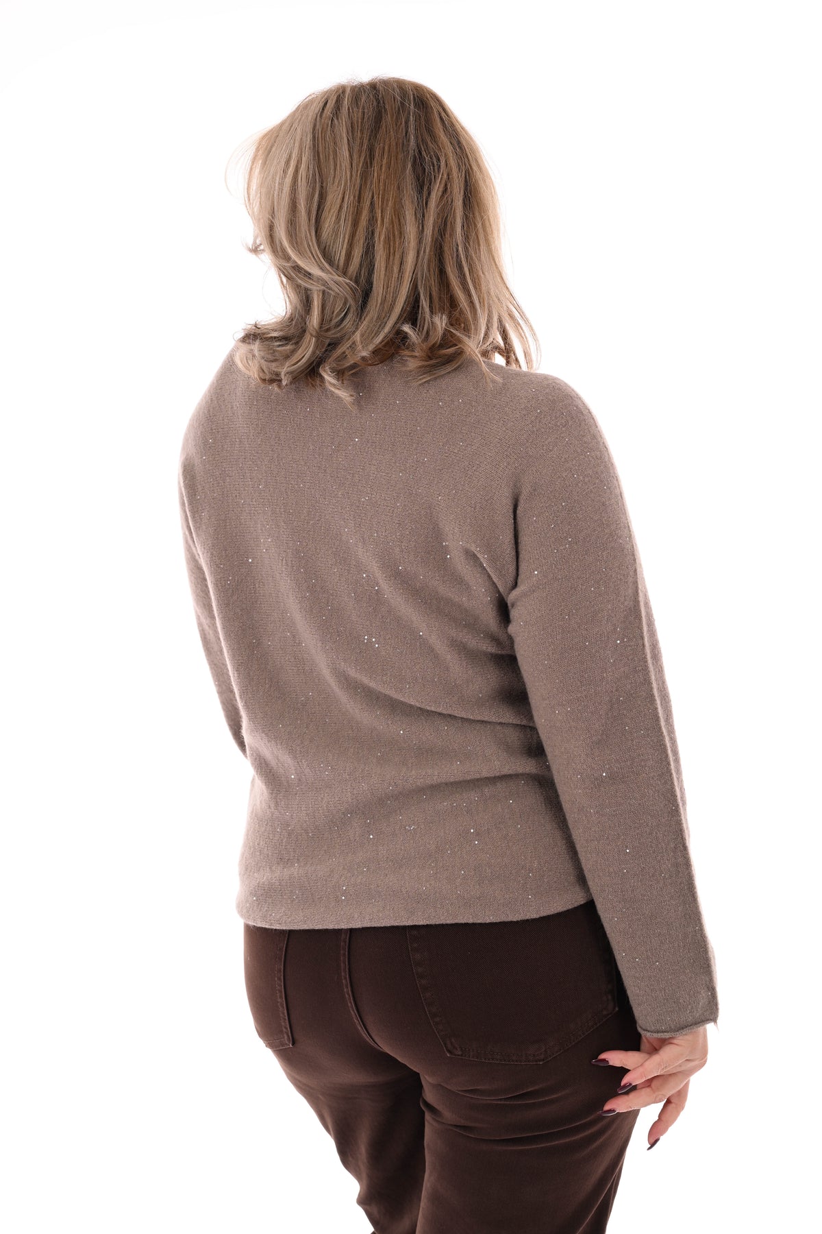 Fijn gebreide trui ronde hals pailletjes taupe