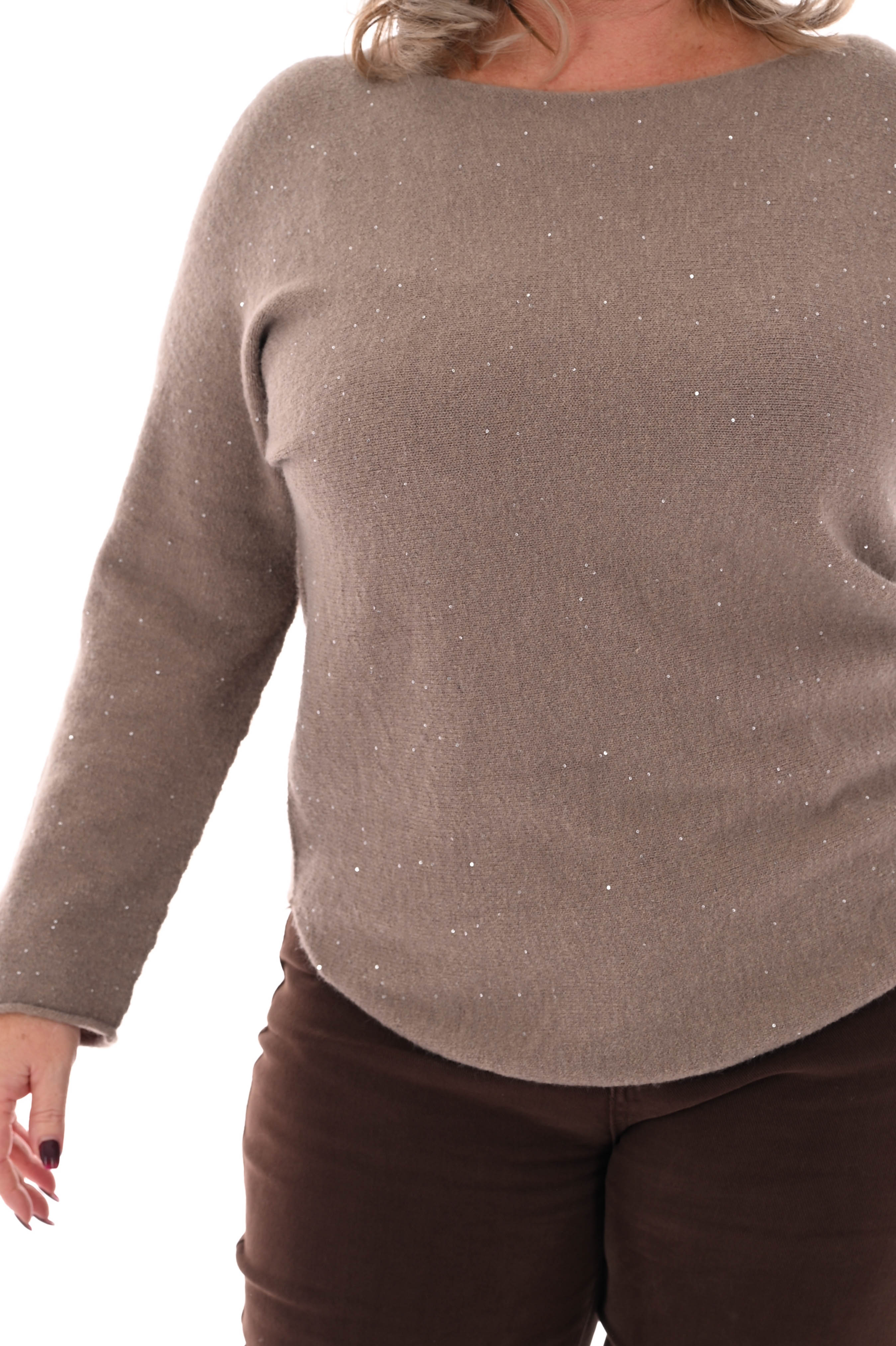 Fijn gebreide trui ronde hals pailletjes taupe
