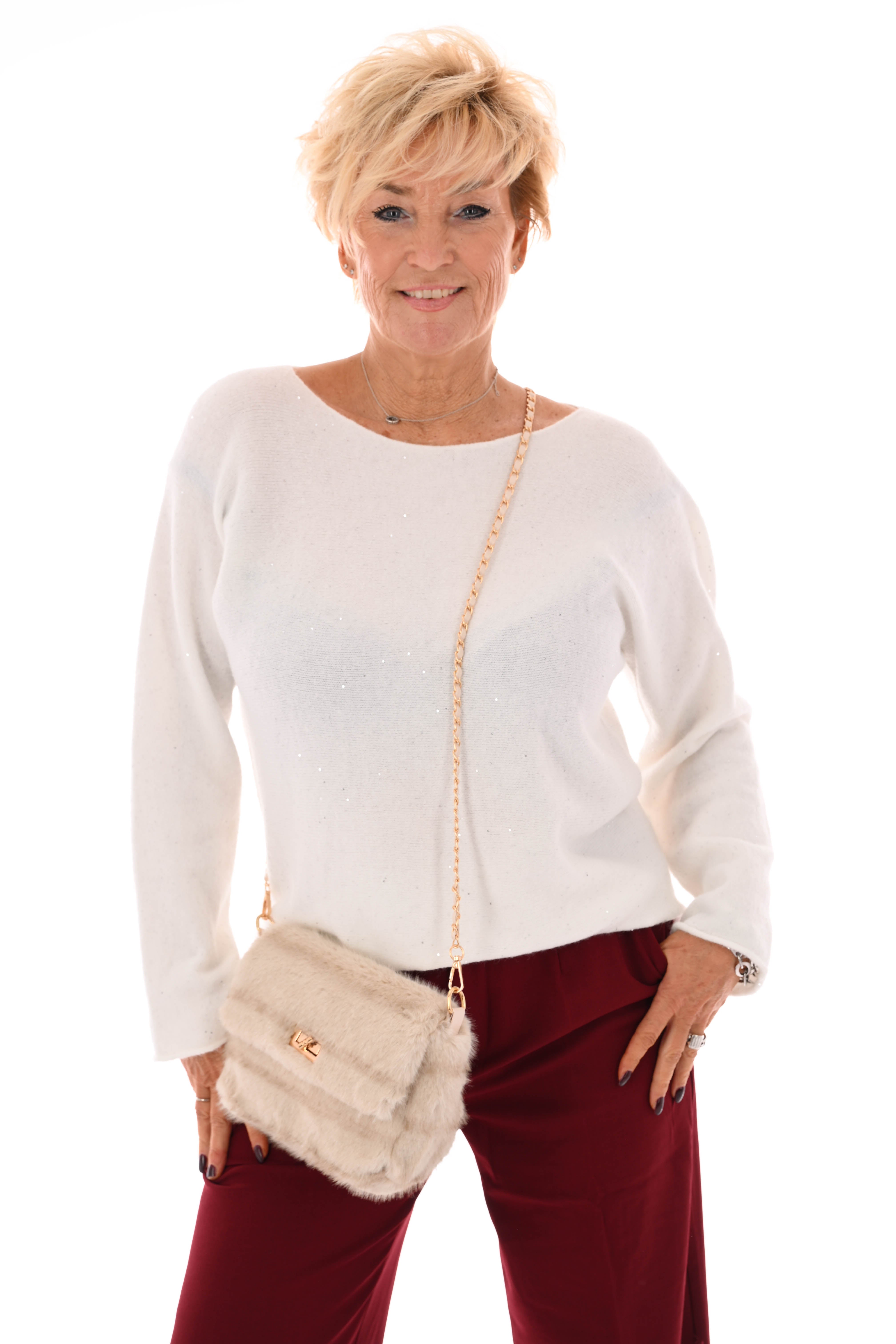 Fijn gebreide trui ronde hals pailletjes roomwit