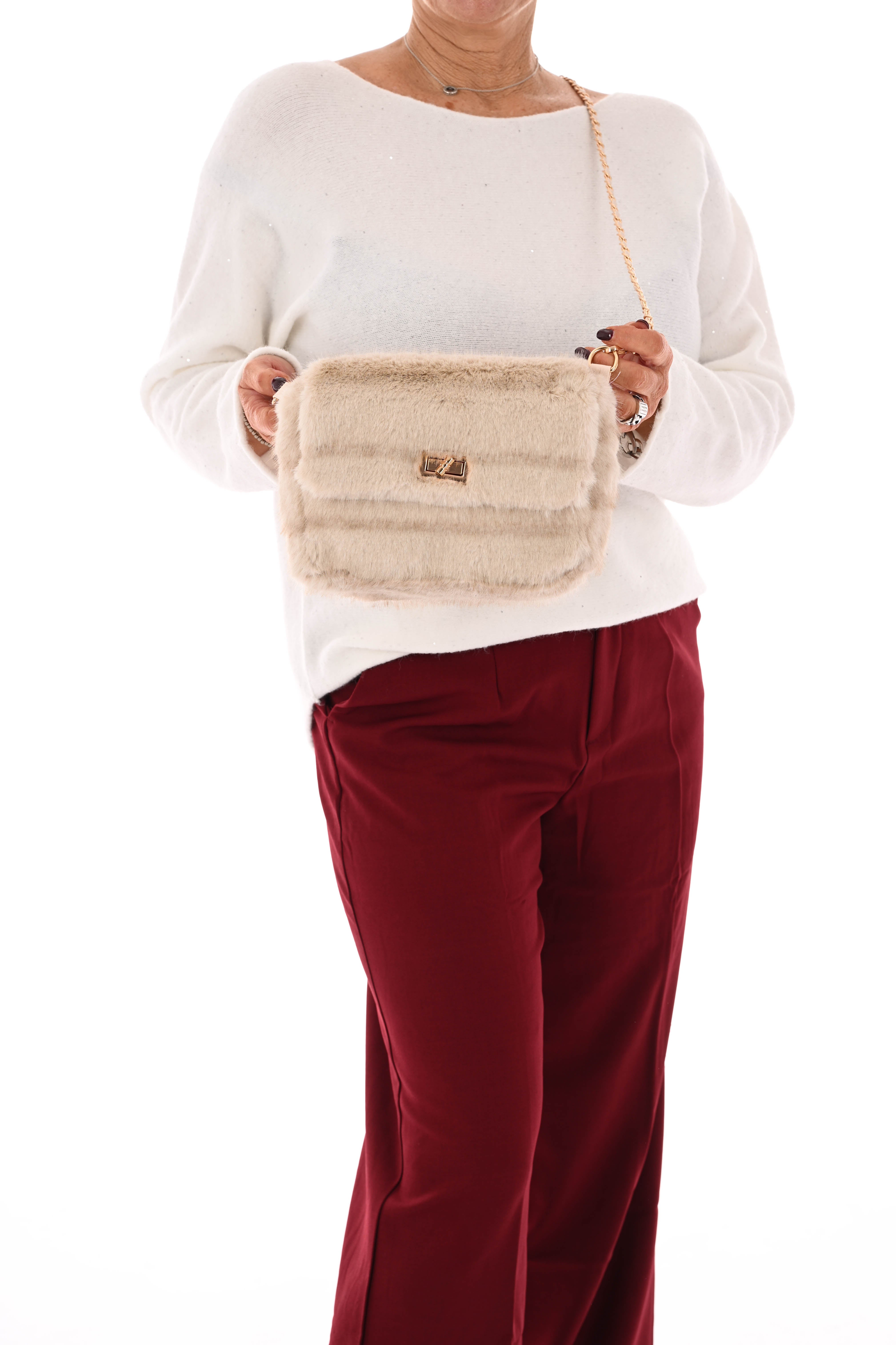 Klein faux fur crossbody tas beige