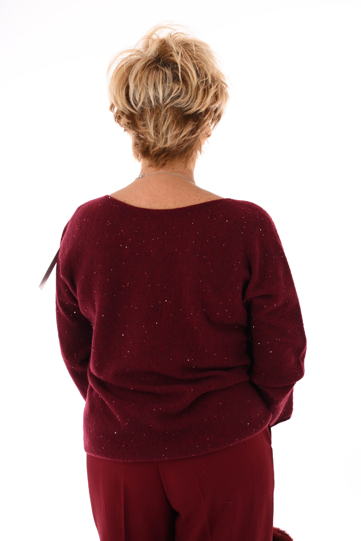 Fijn gebreide trui ronde hals pailletjes bordeaux