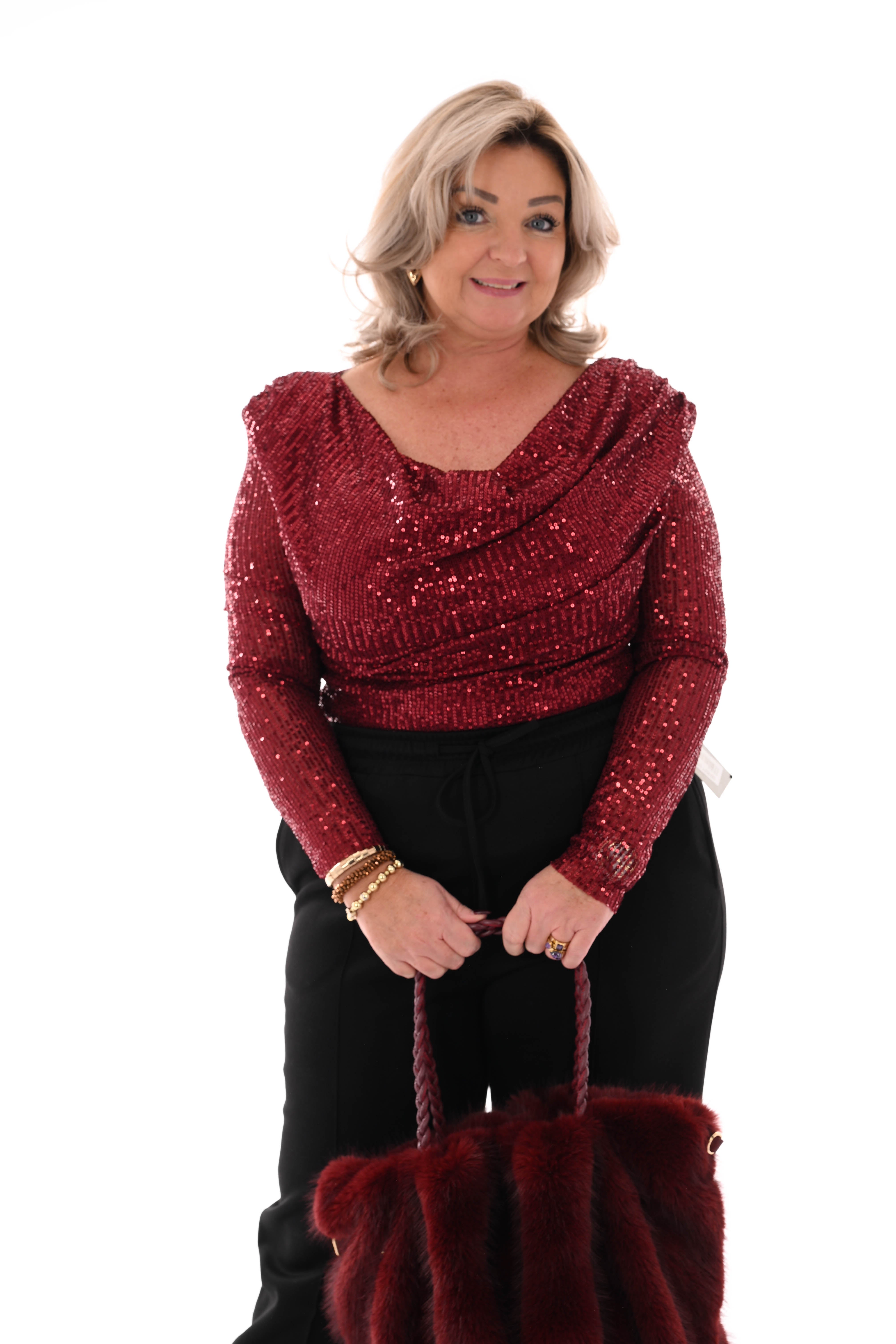 Body watervalhals pailletten bordeaux