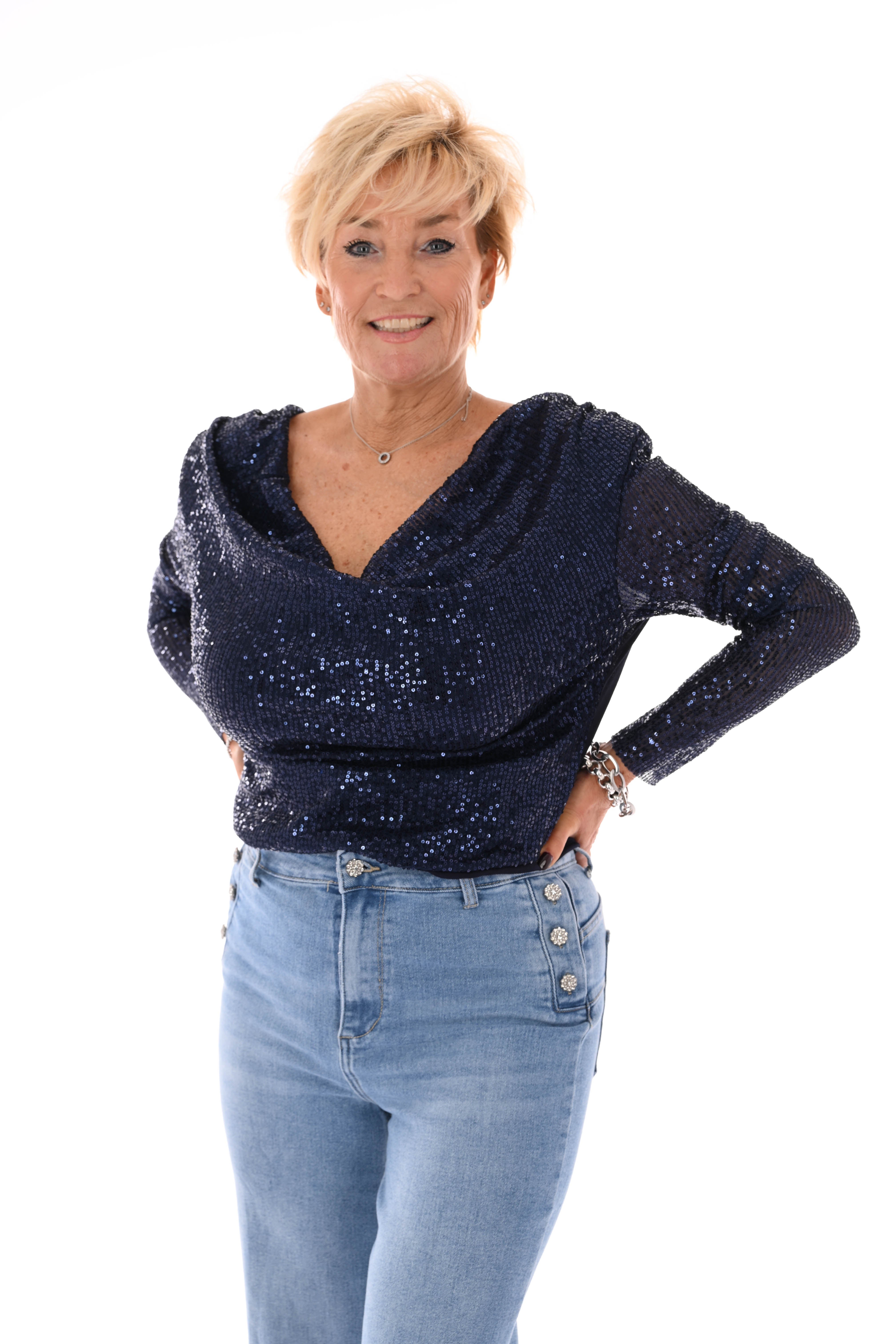 Body watervalhals pailletten marineblauw