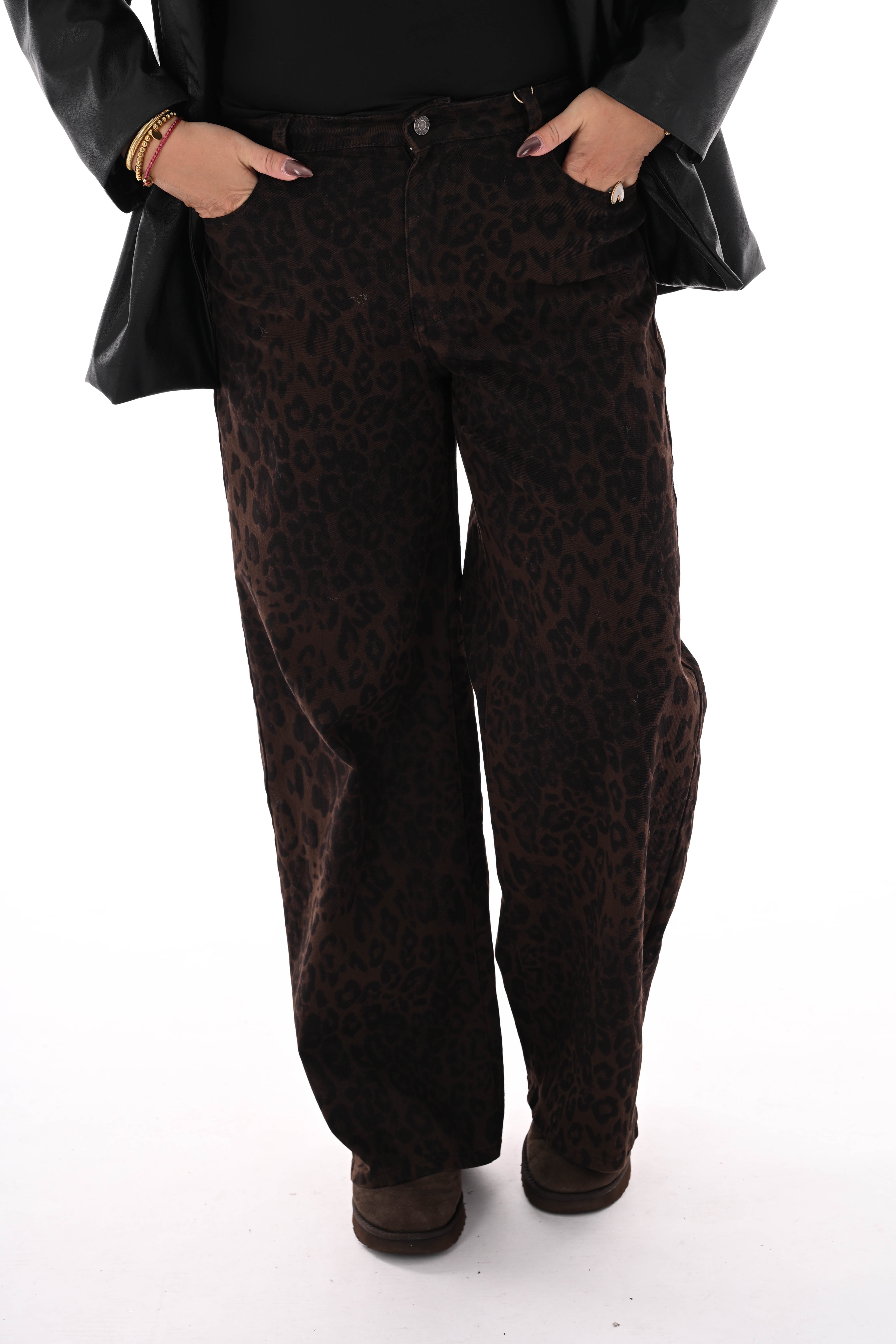 Laulia panterprint broek dad fit donkerbruin