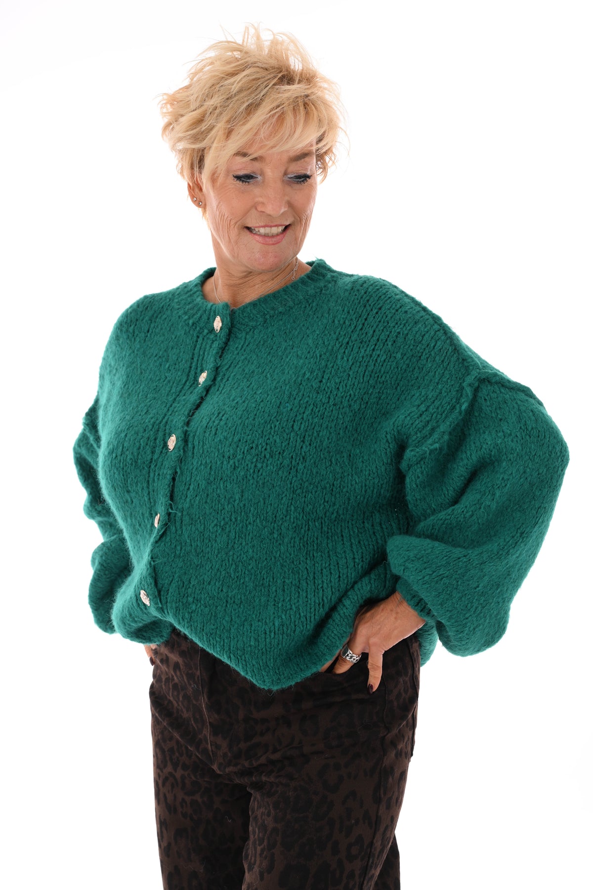 Grof gebreid vest met knopen smaragdgroen