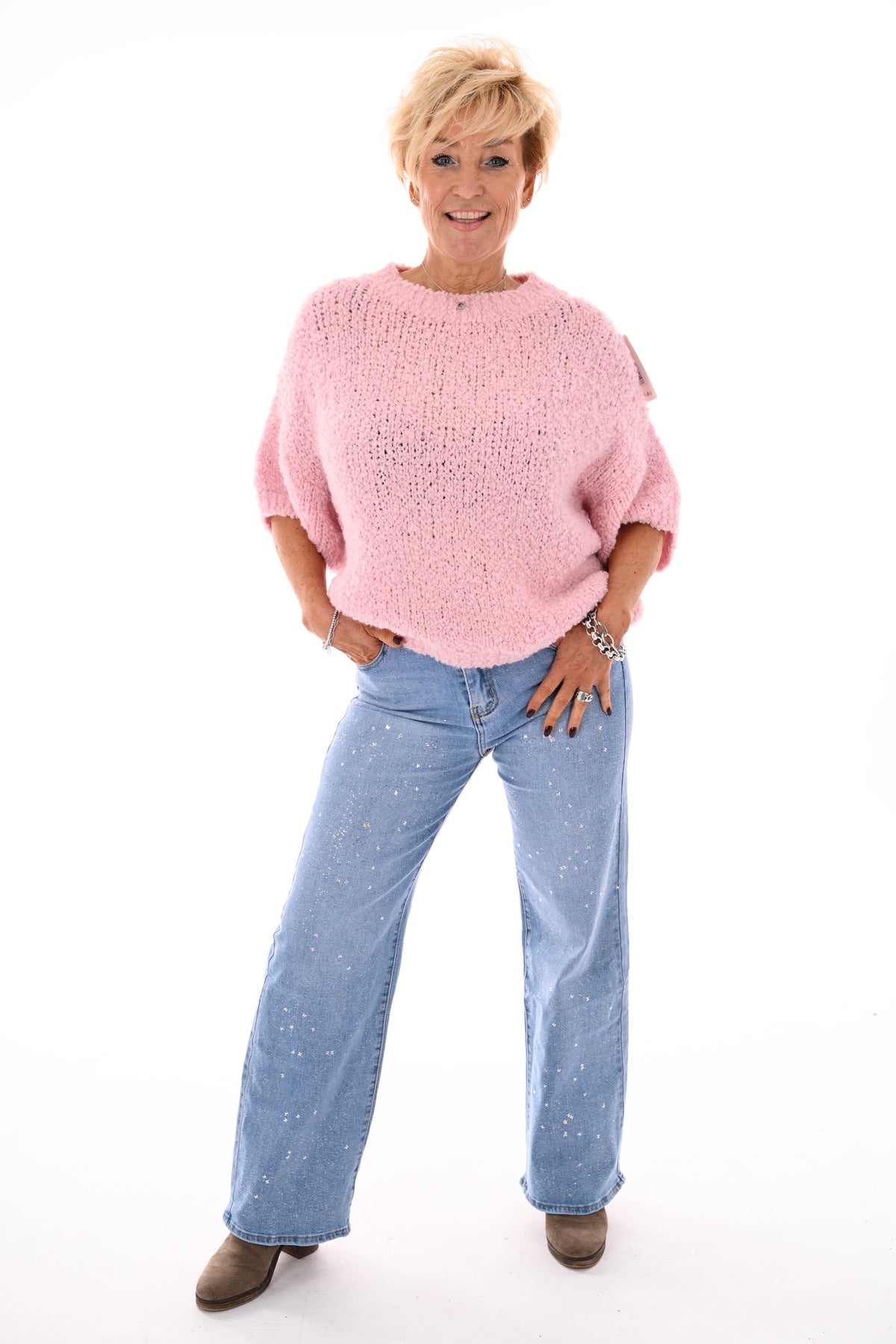 Boucle trui korte mouwen lichtroze