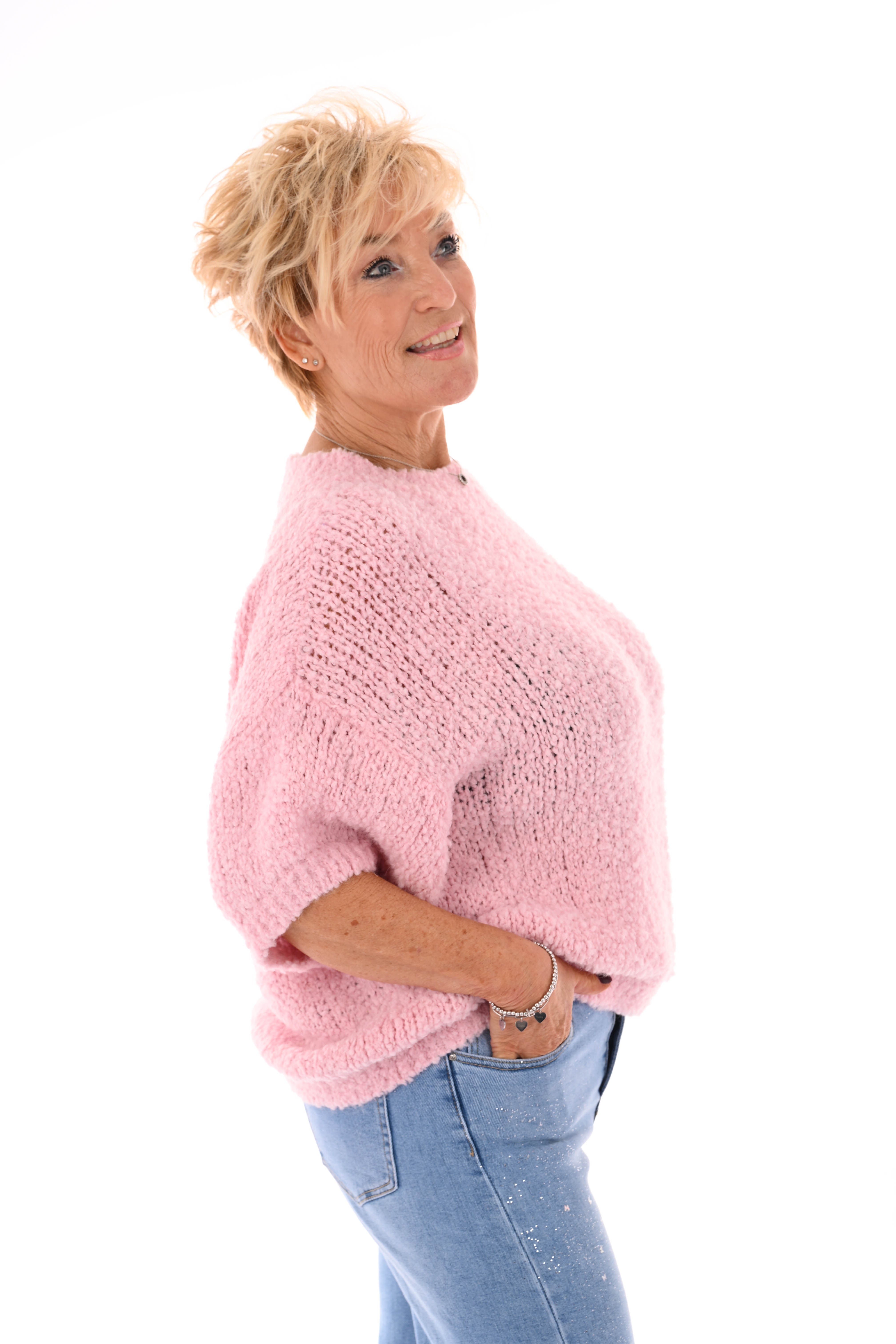 Boucle trui korte mouwen lichtroze