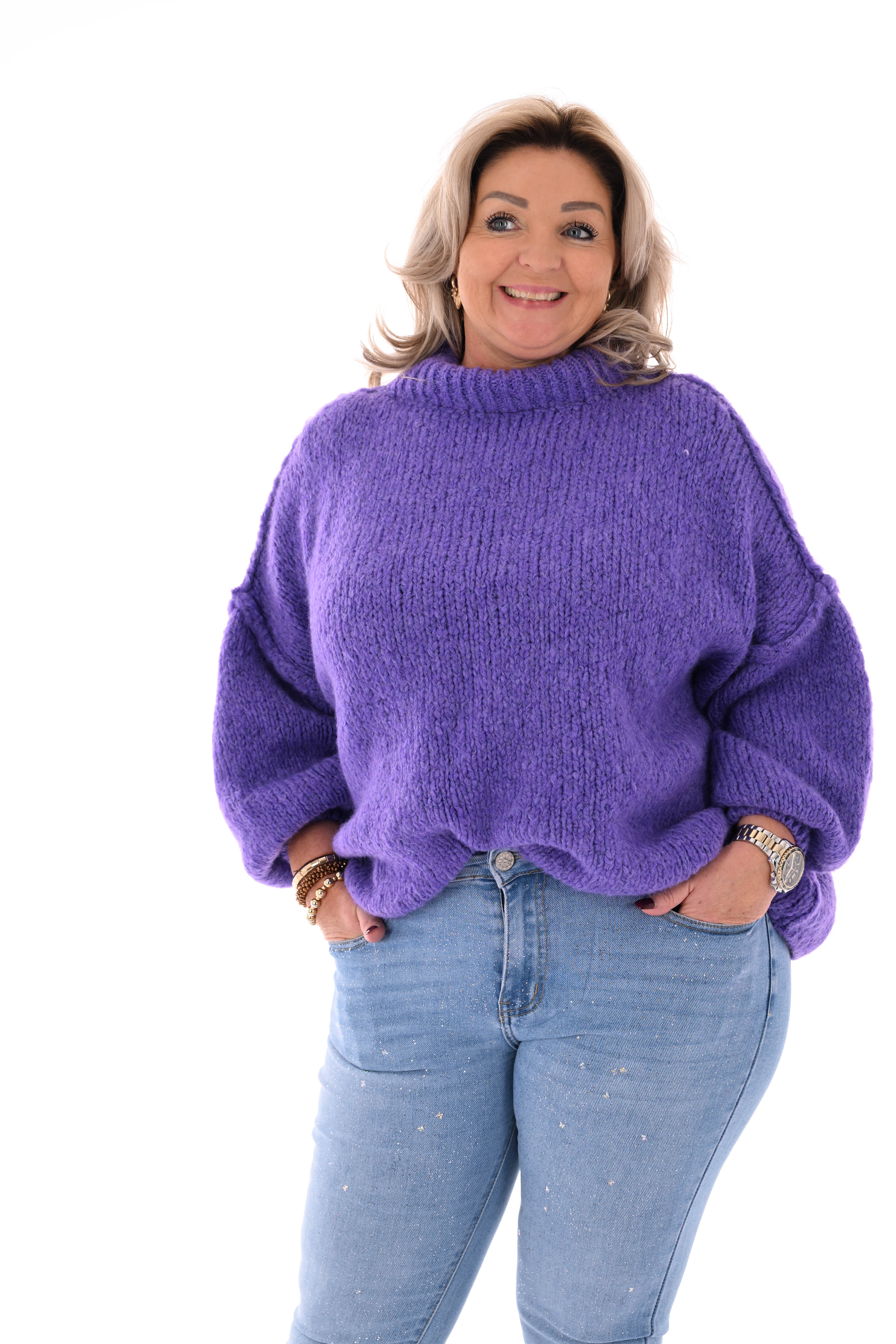 Grof gebreide turtle neck trui paars