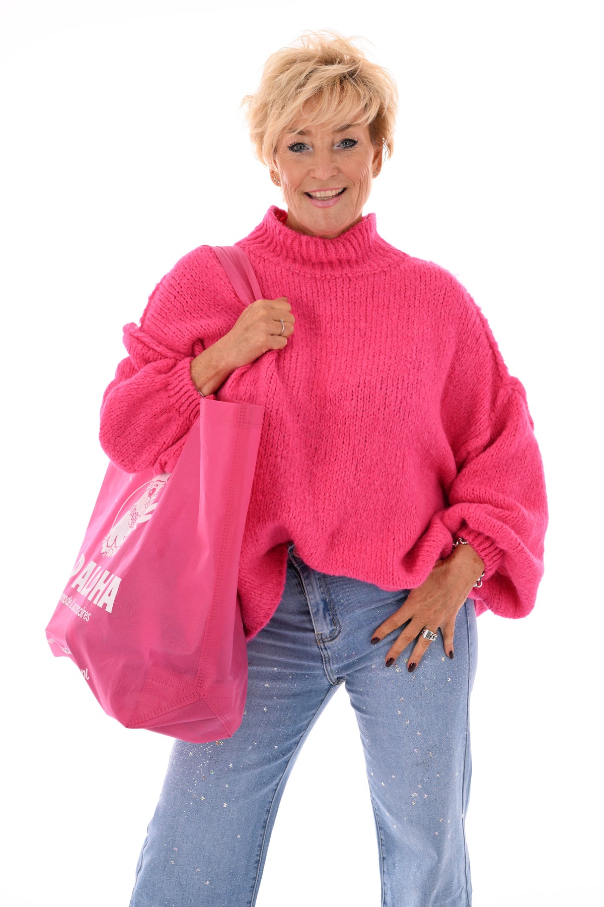 Grof gebreide turtle neck trui felroze