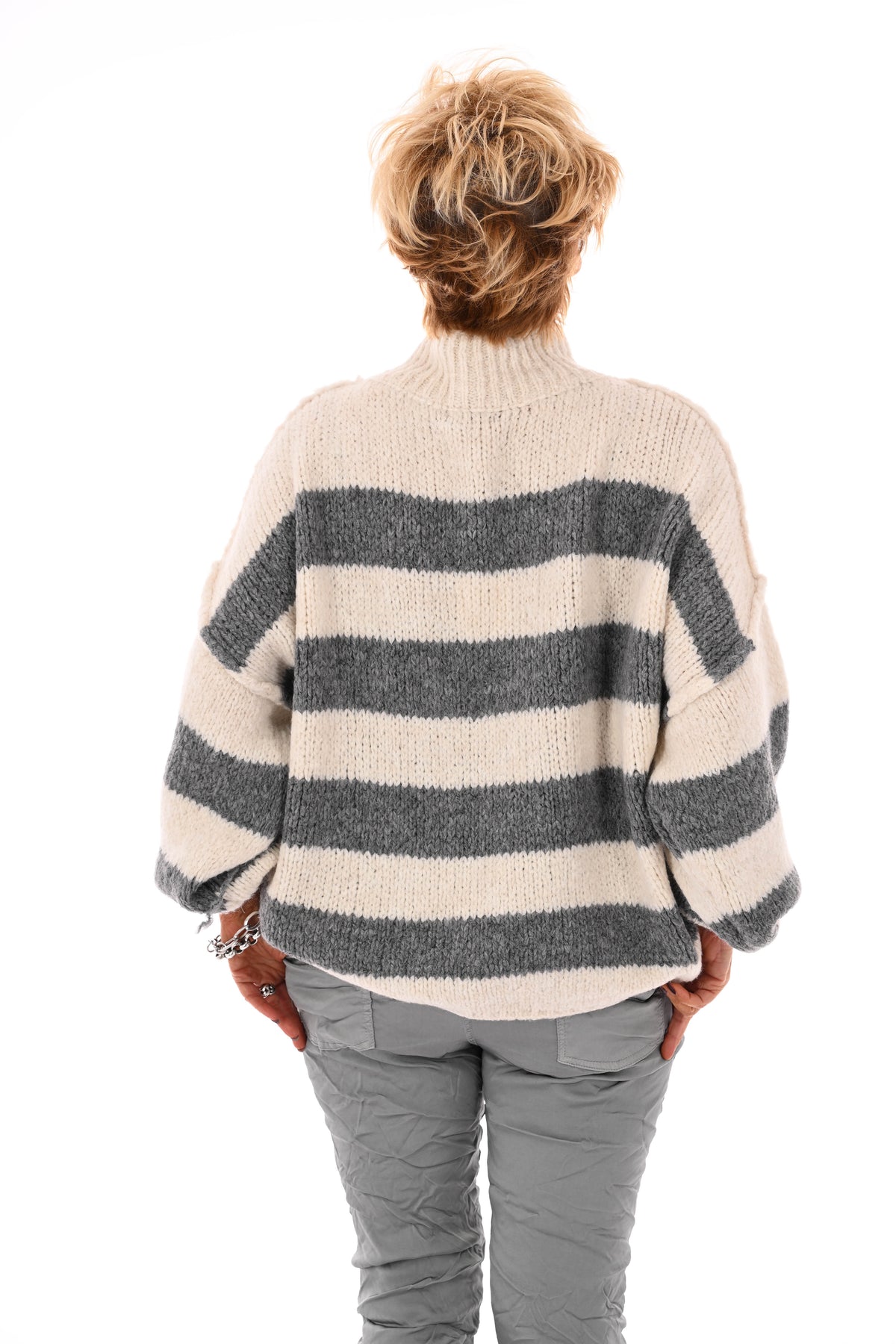 Gebreide trui turtle neck gestreept grijs