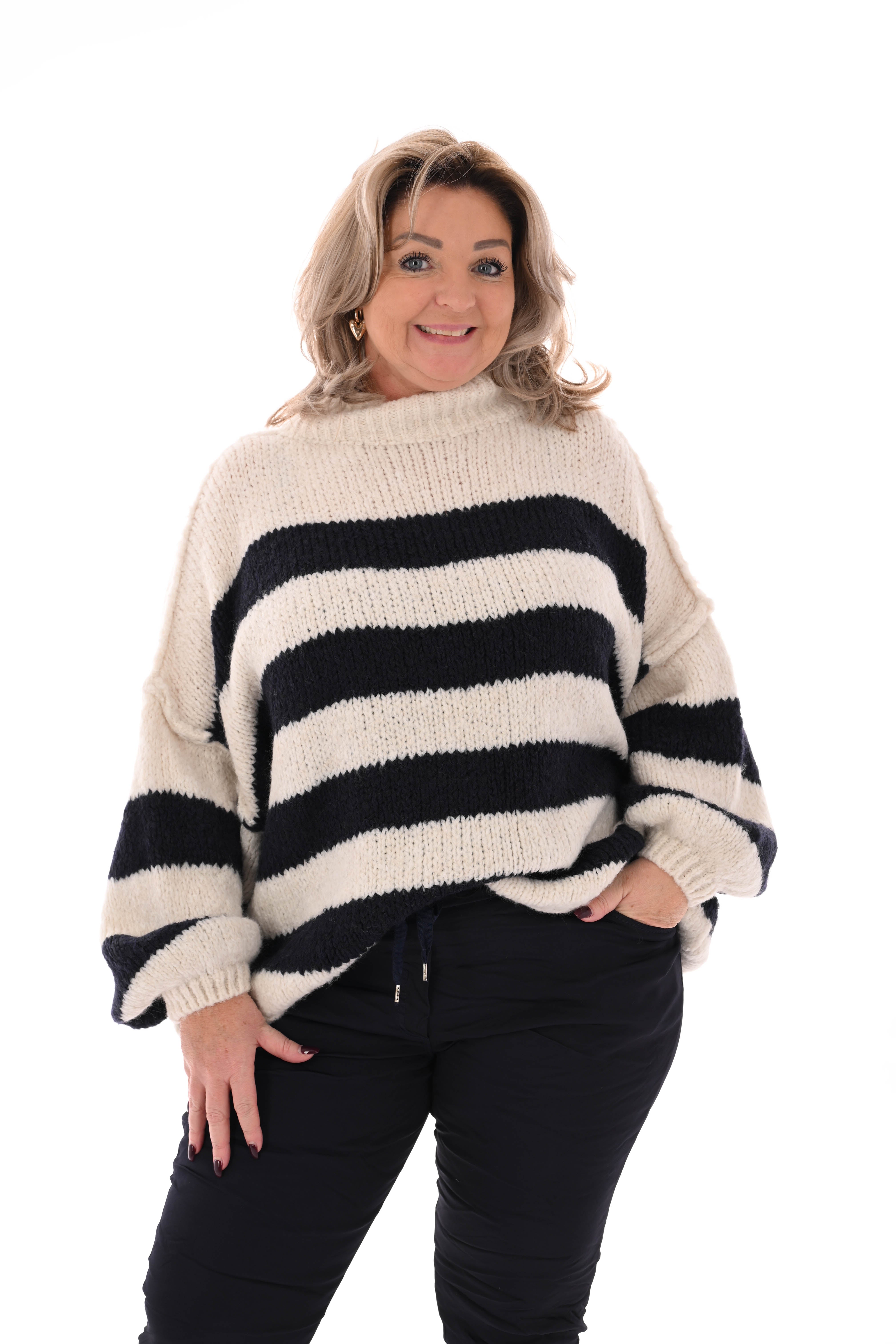 Gebreide trui turtle neck gestreept marineblauw