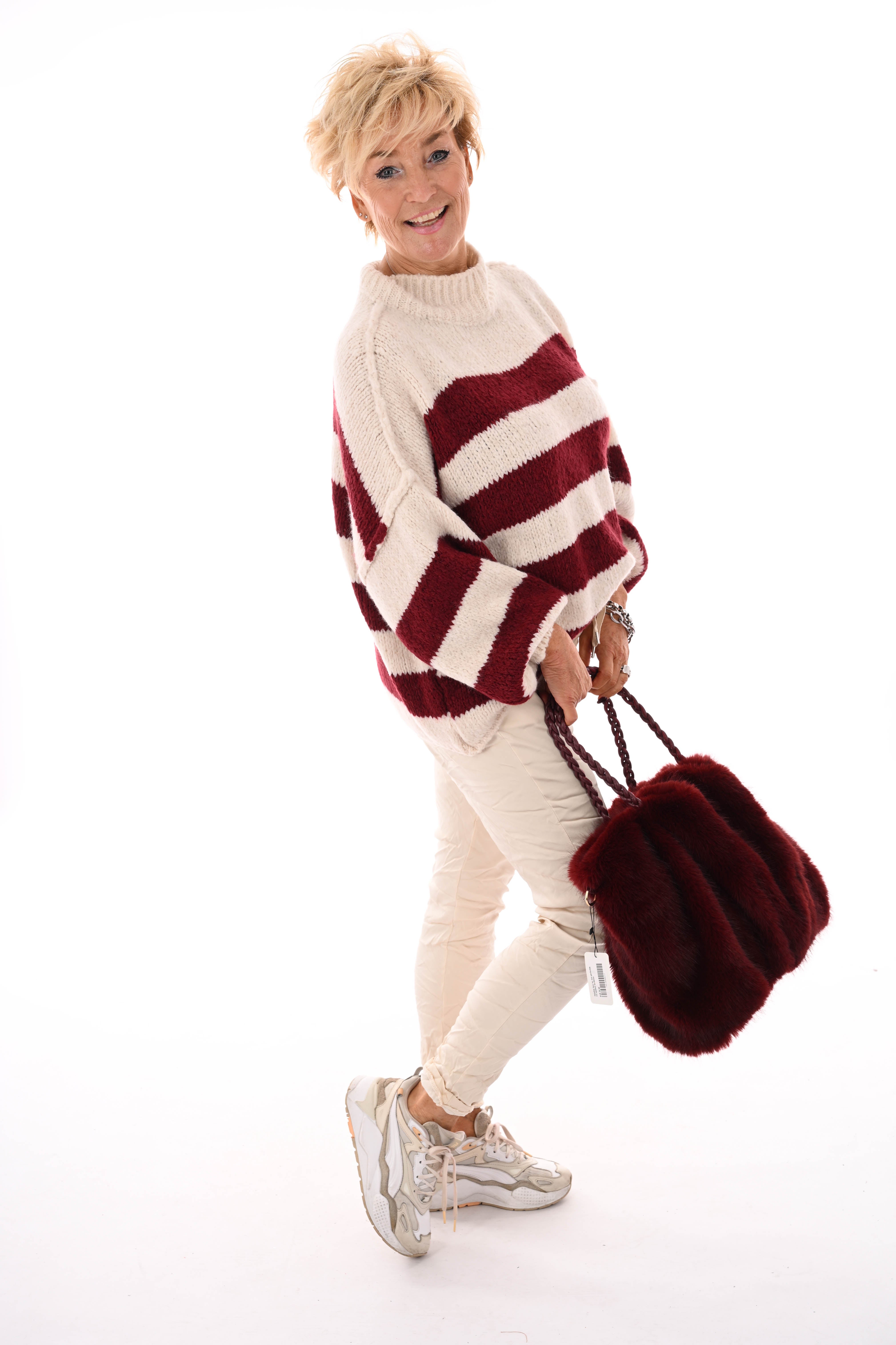 Gebreide trui turtle neck gestreept bordeaux