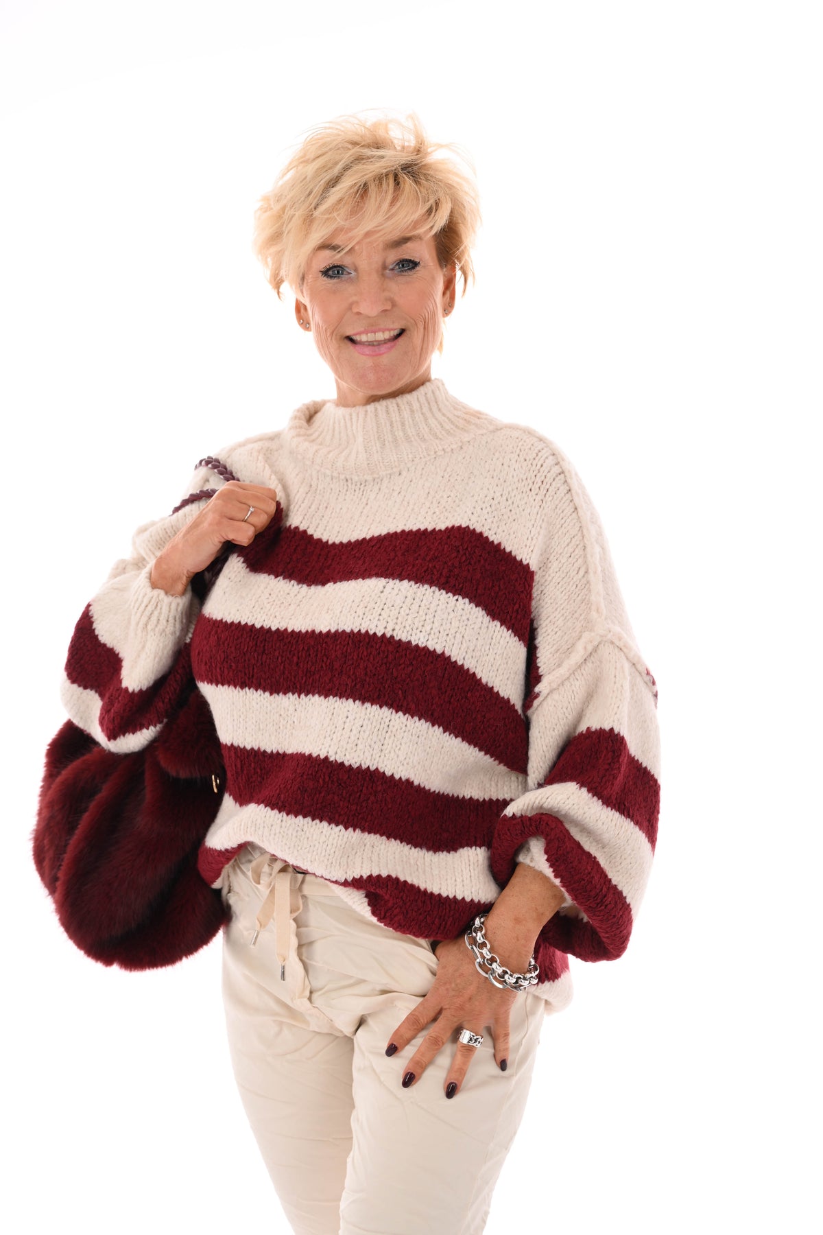 Gebreide trui turtle neck gestreept bordeaux