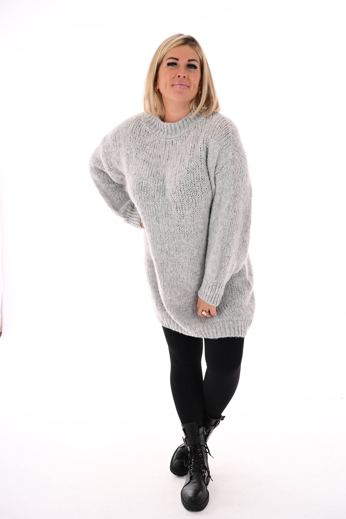 Lange trui pofmouwen uni lichtgrijs