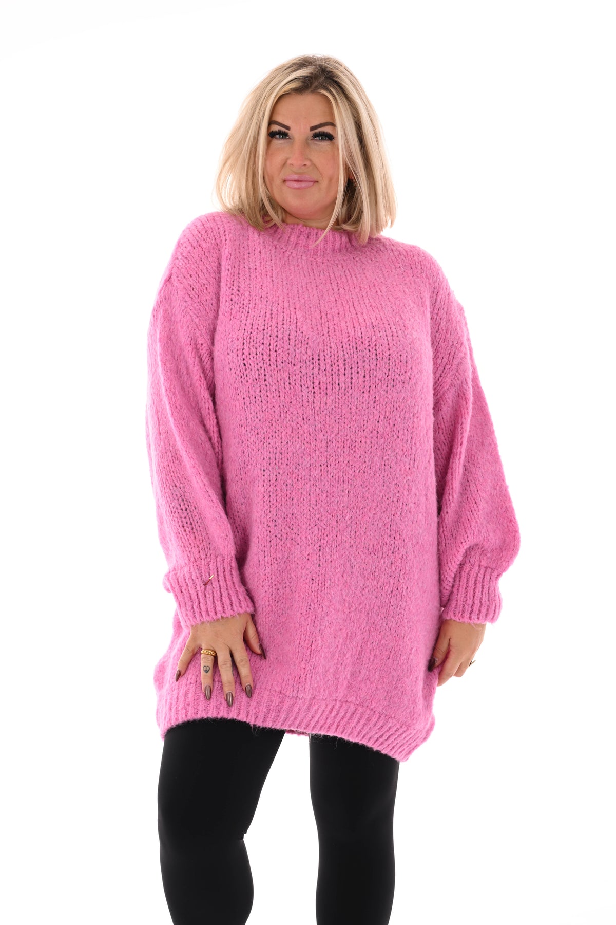 Lange trui pofmouwen uni roze