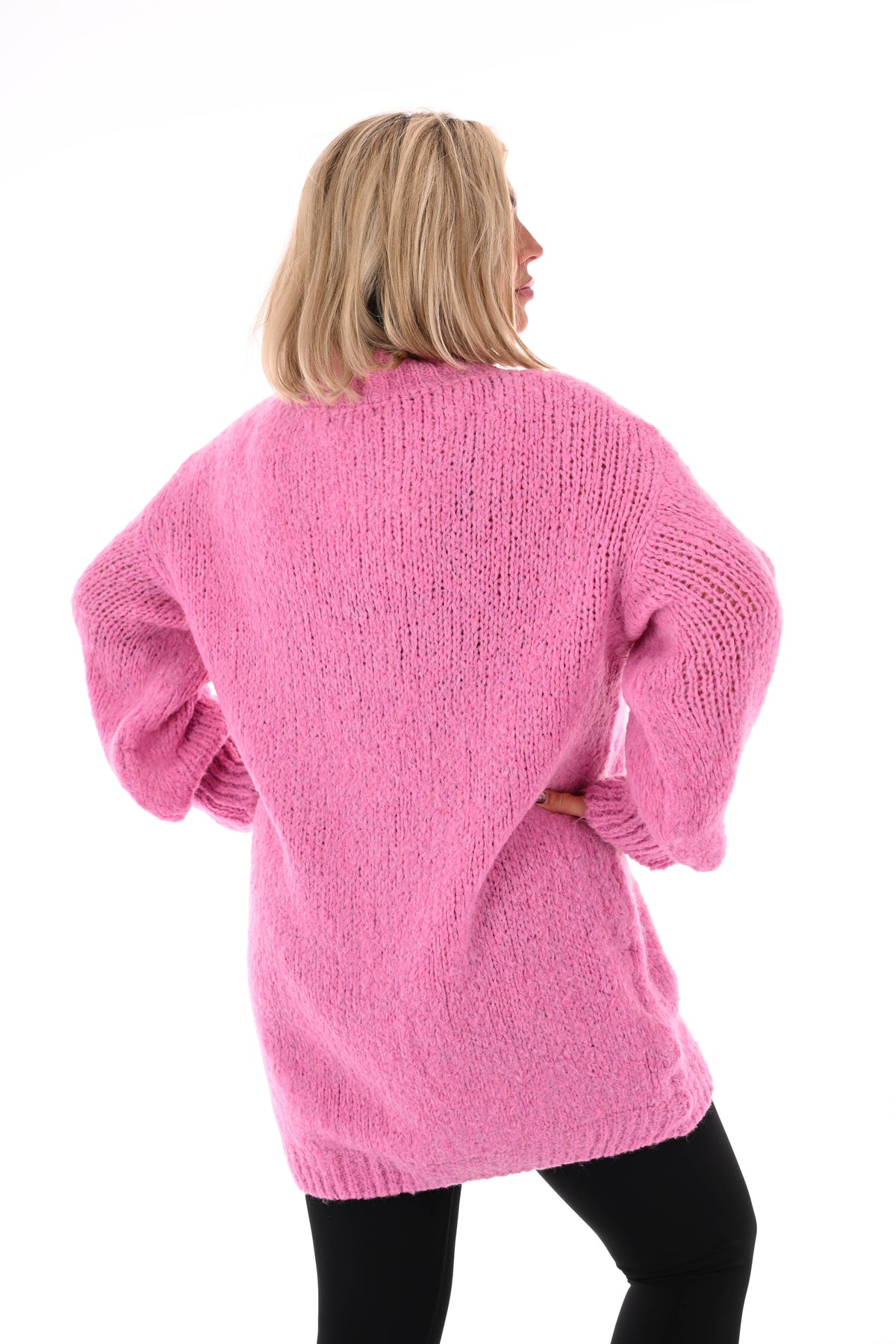 Lange trui pofmouwen uni roze